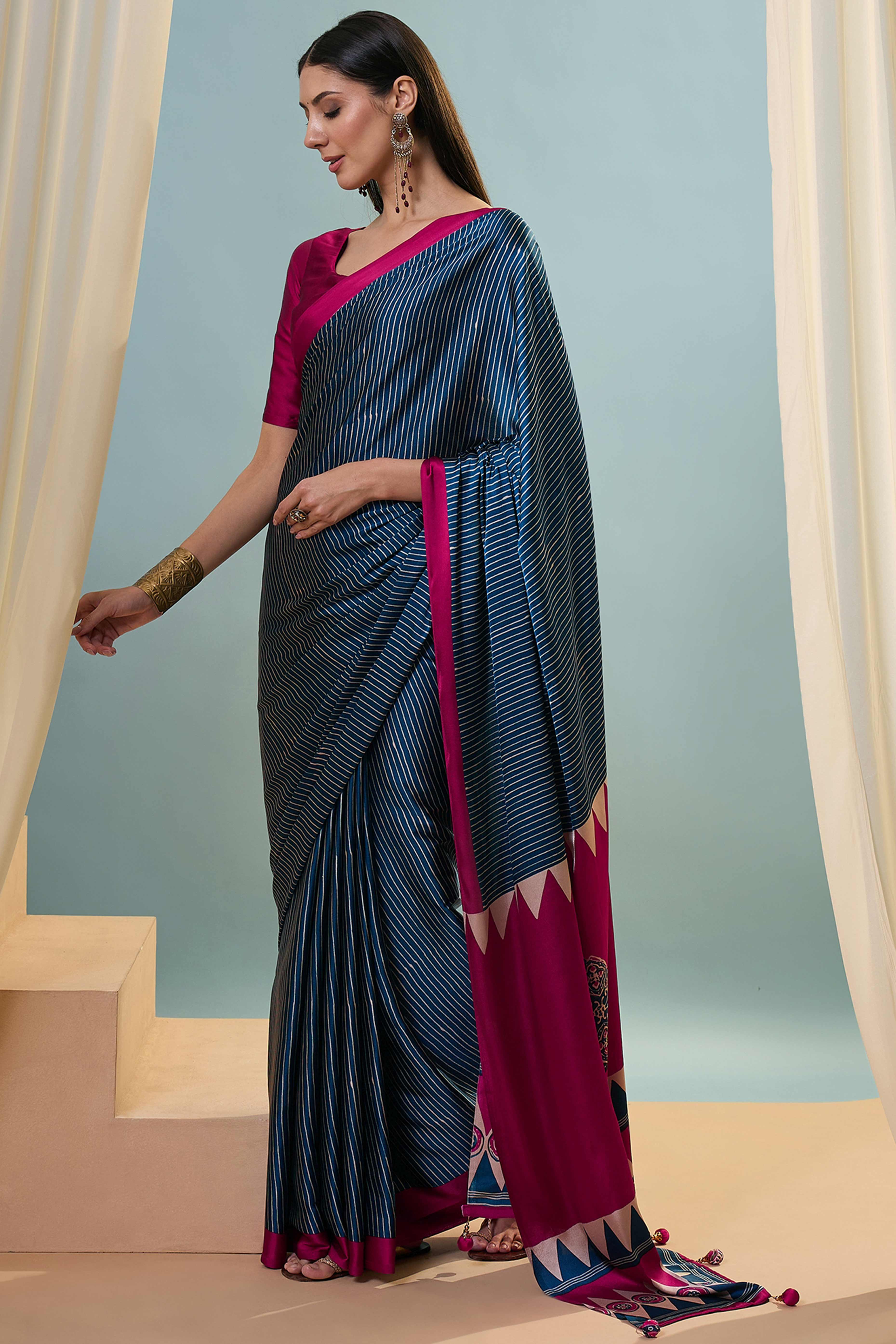 Blue Ajrakh Print Satin Saree With Traditional Charm - Image 4