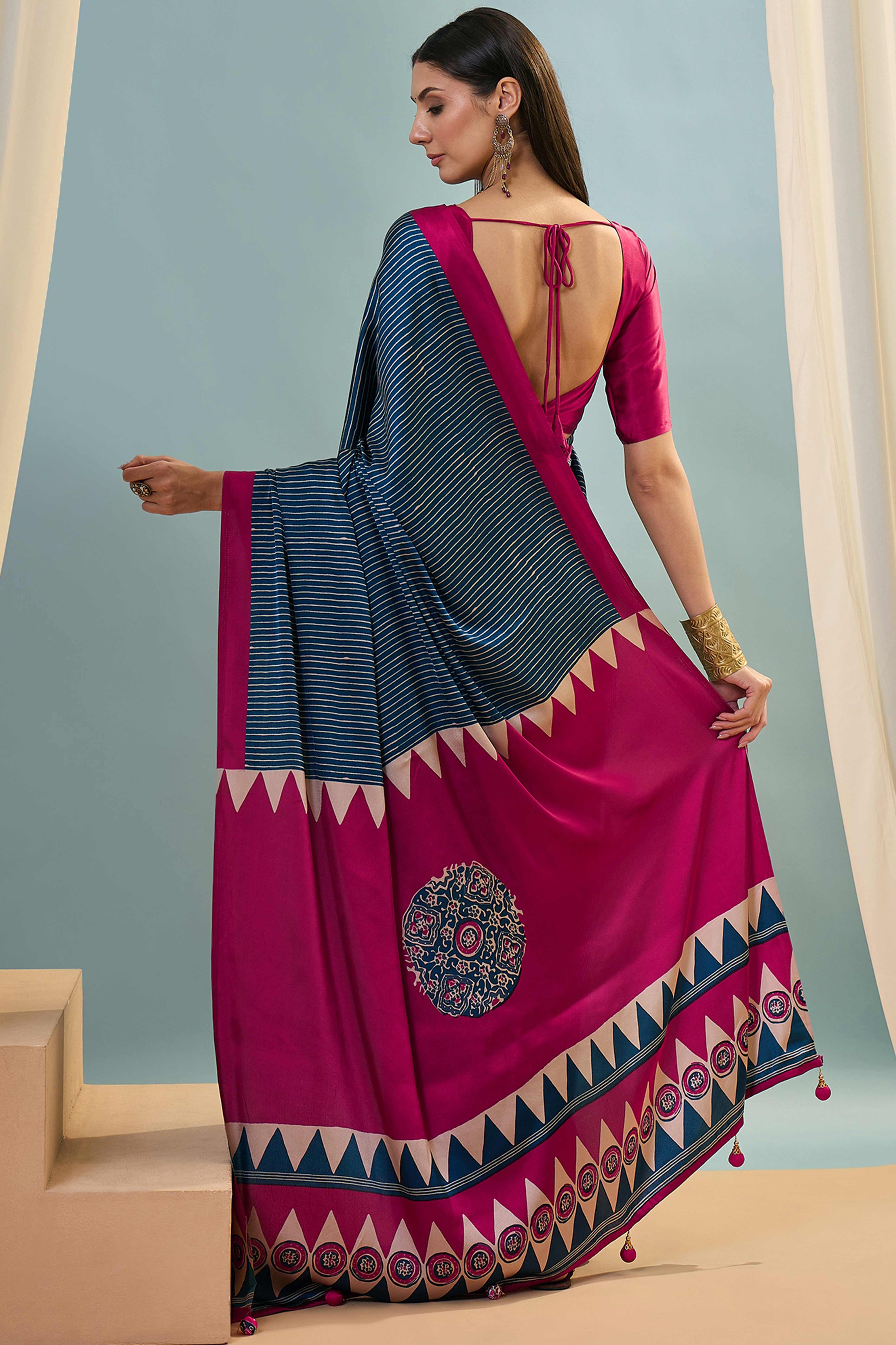 Blue Ajrakh Print Satin Saree With Traditional Charm - Image 5