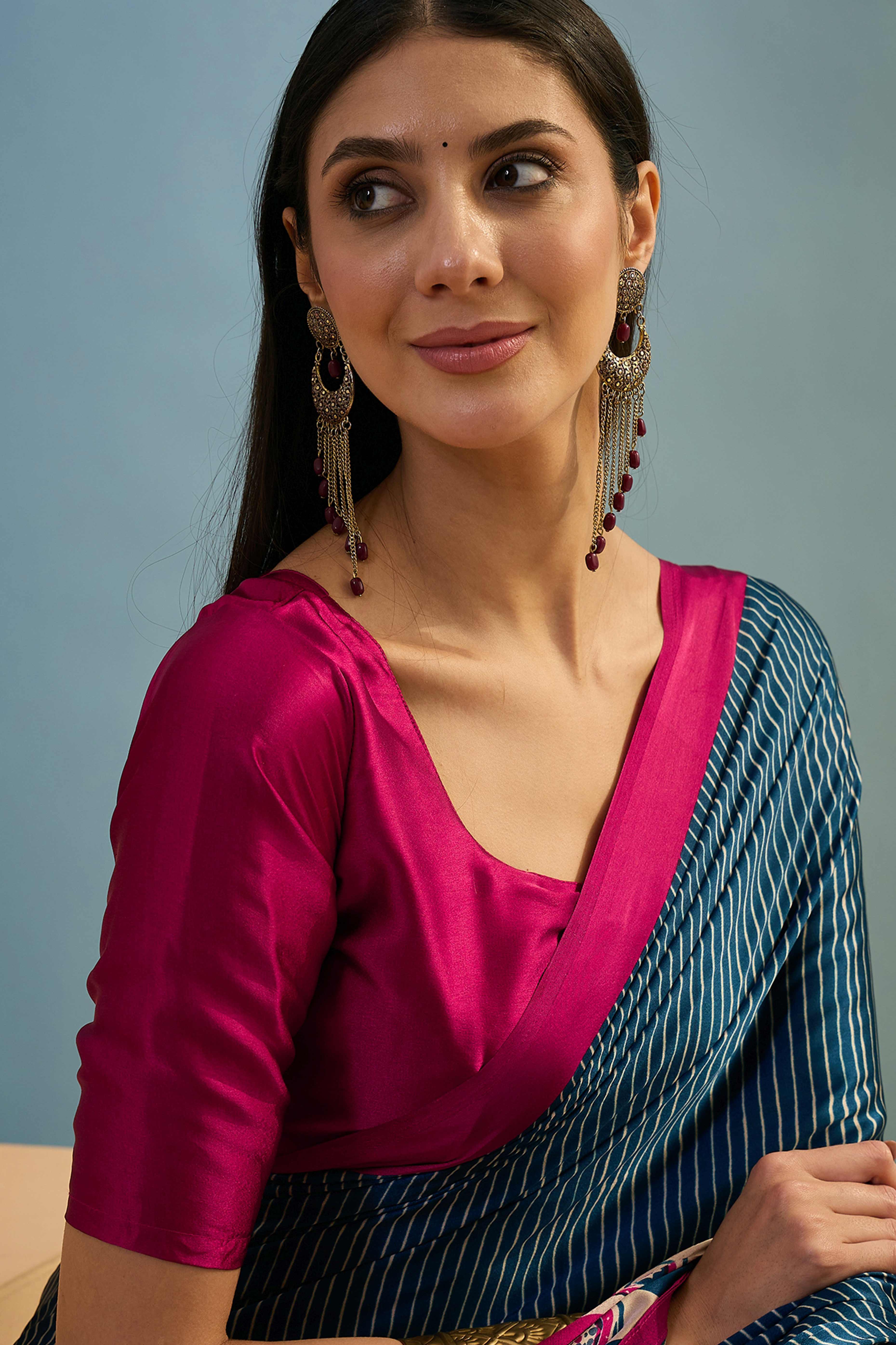 Blue Ajrakh Print Satin Saree With Traditional Charm - Image 7
