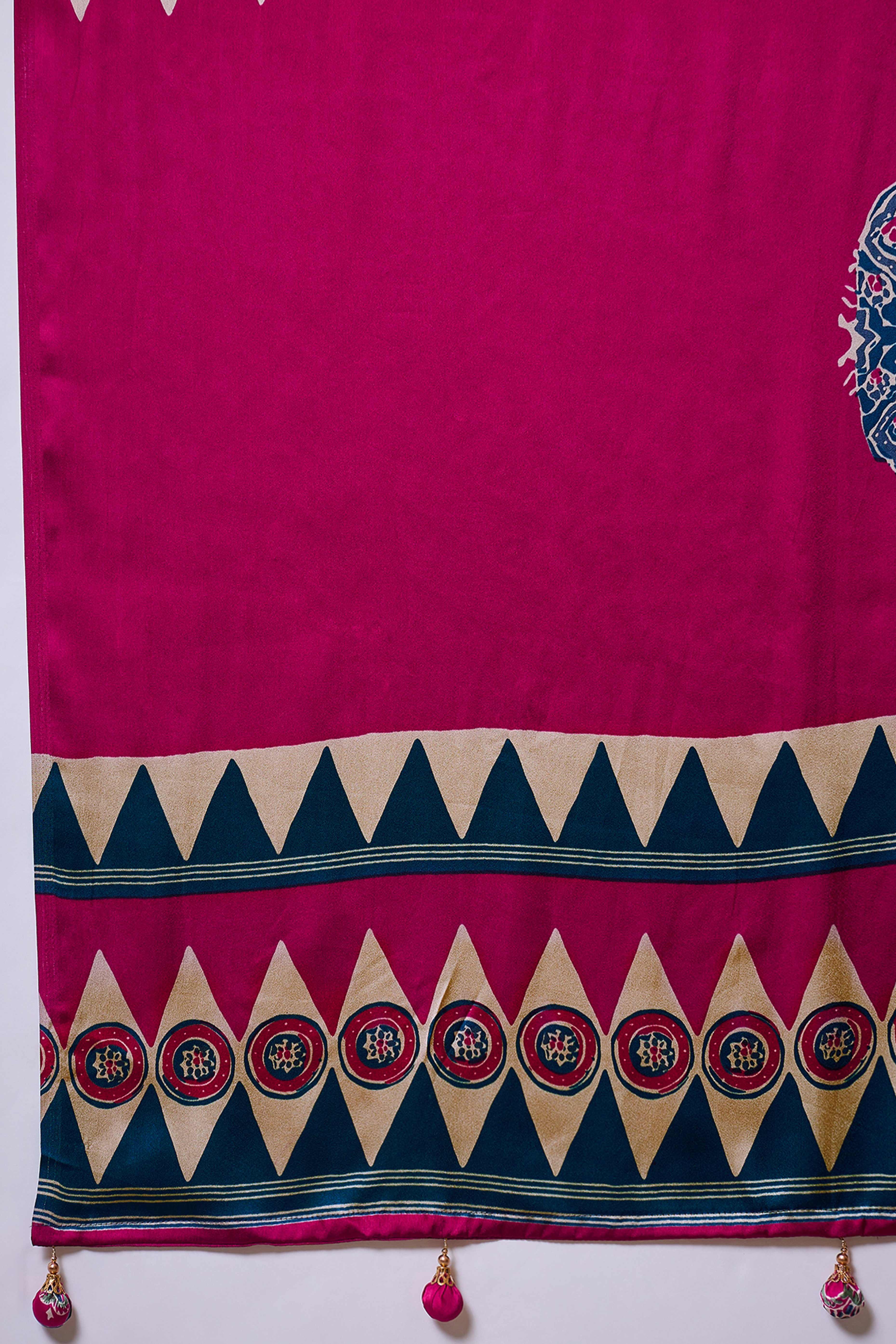 Blue Ajrakh Print Satin Saree With Traditional Charm - Image 9
