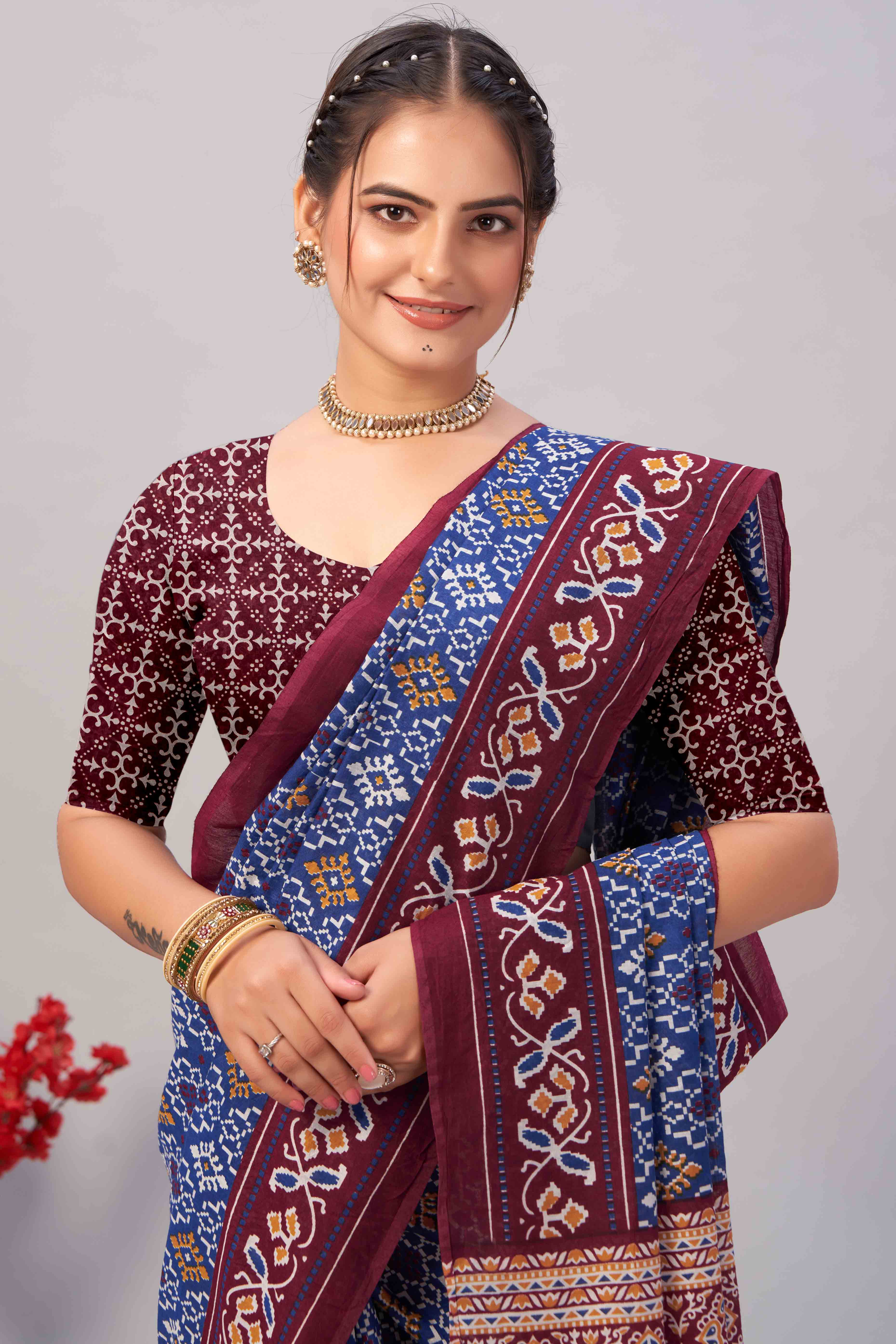 Blue Ajrakh Printed Cotton Blend Saree - Image 6