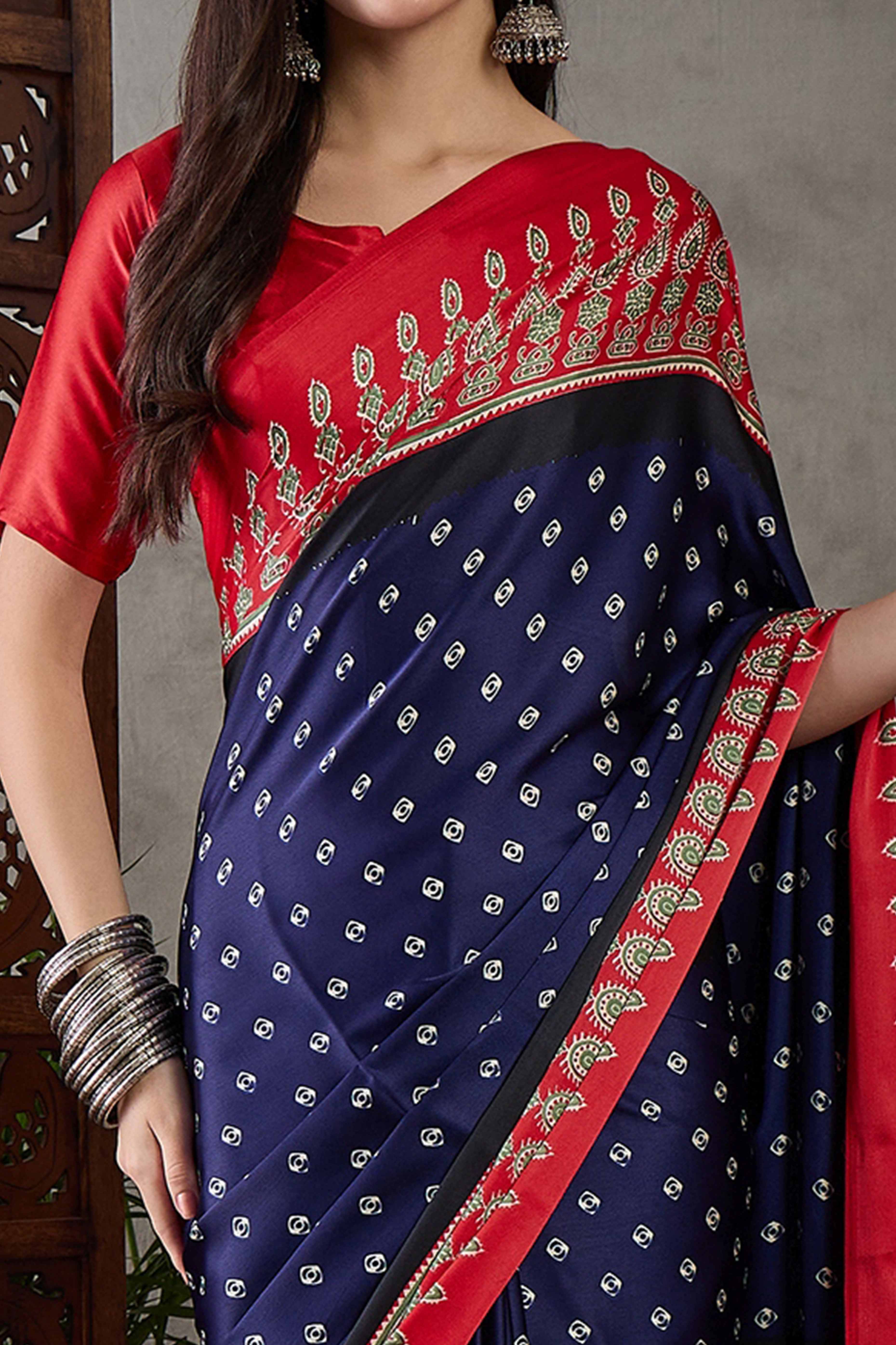 Blue Ajrakh Printed Modal Satin Saree with Traditional Ajrakh Charm - Image 2