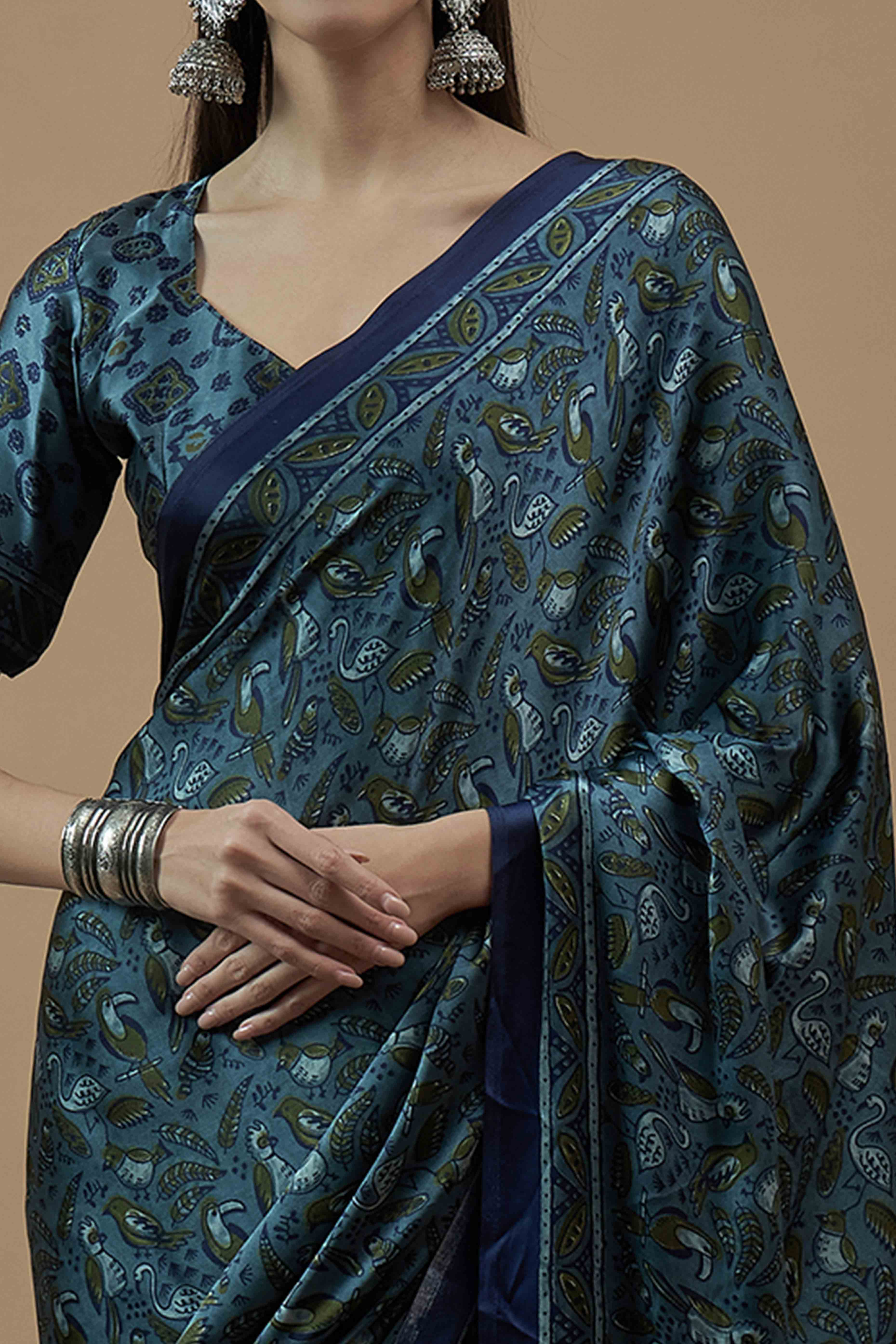 Blue Ajrakh Printed Satin Saree With Tassels - Image 2