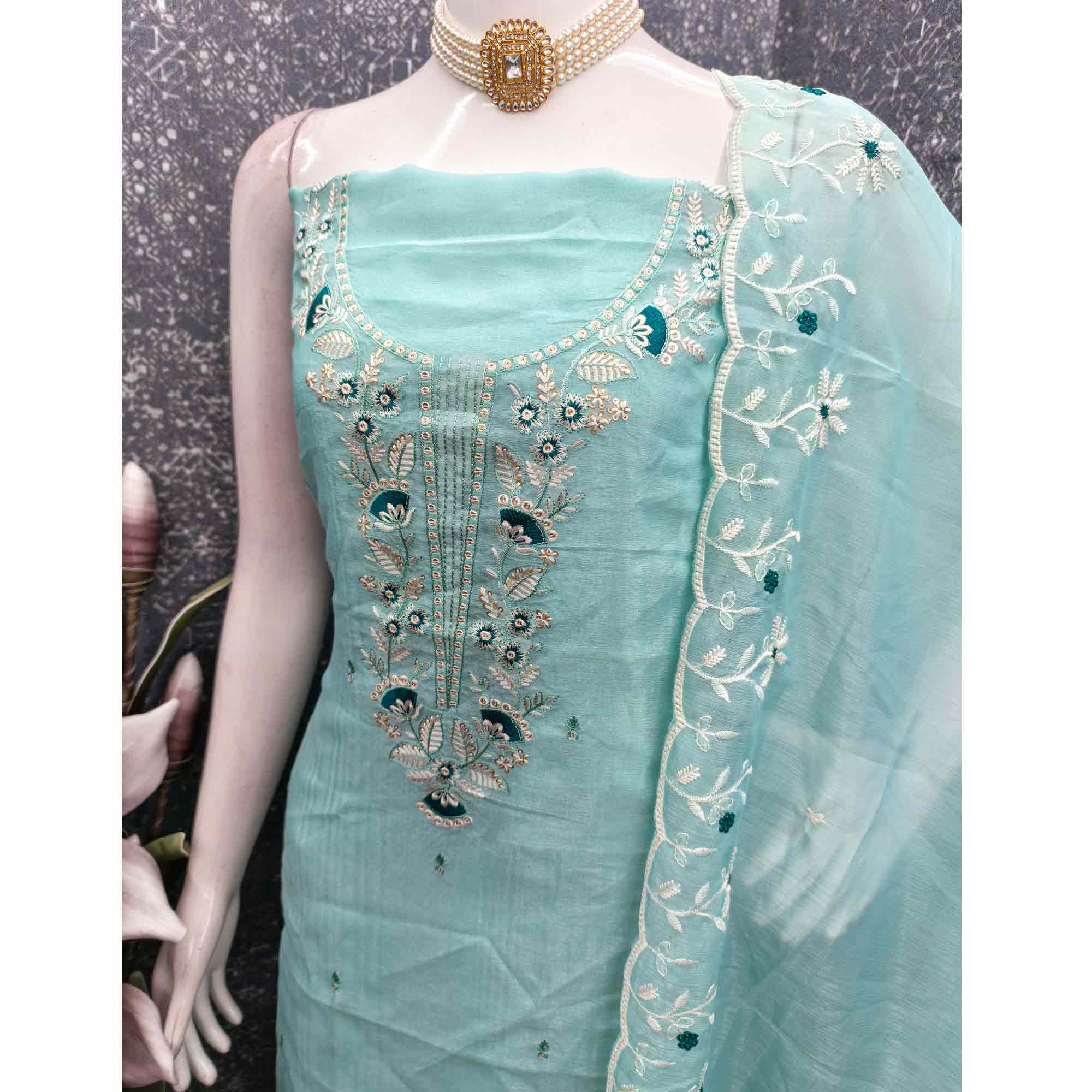 Blue Art Silk Dress Material With Graceful Floral Thread Embroidery & Sparkling Sequins - Image 4