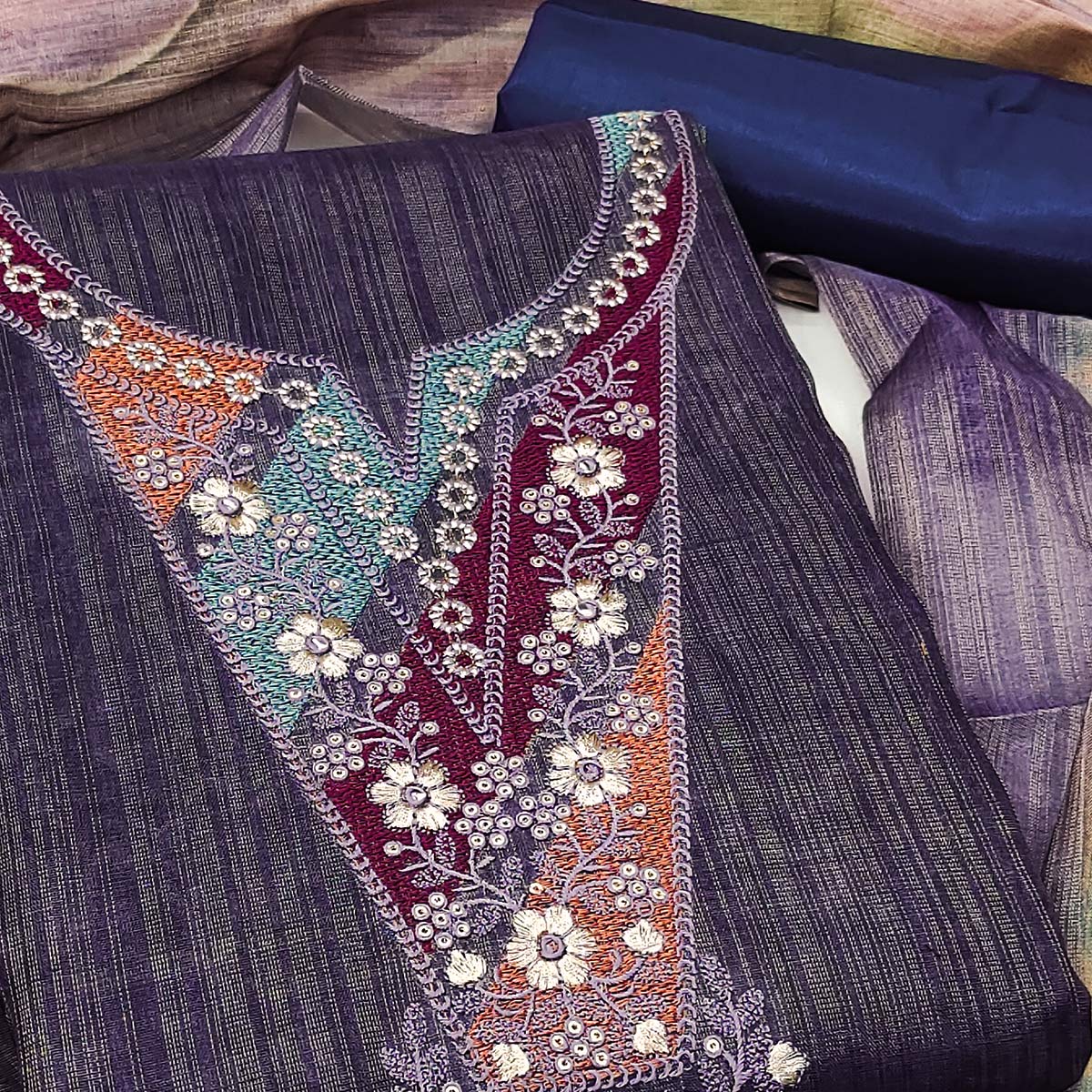 Blue Art Silk Dress Material With Neck Embroidery - Image 2