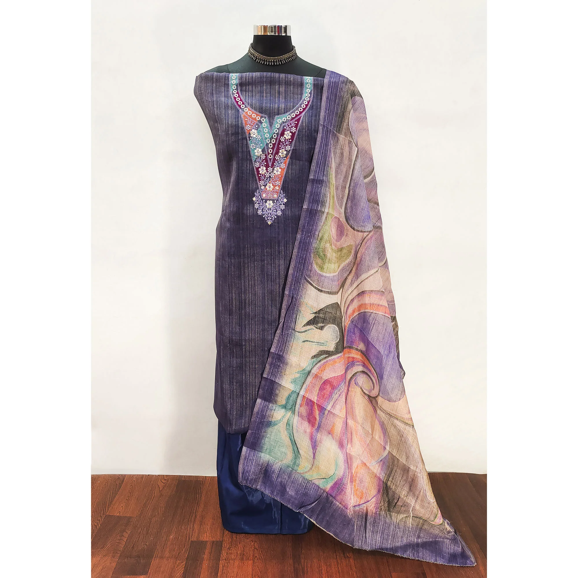 Blue Art Silk Dress Material With Neck Embroidery - Image 3