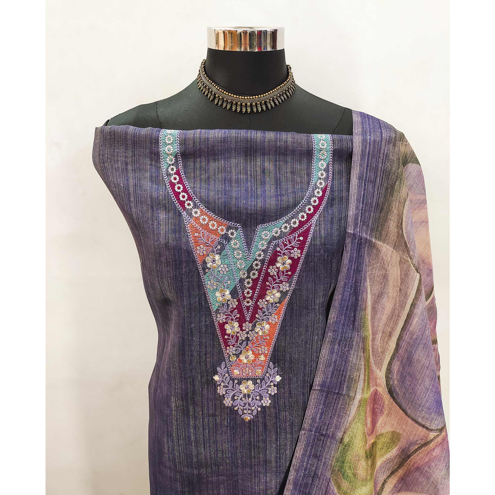 Blue Art Silk Dress Material With Neck Embroidery - Image 4