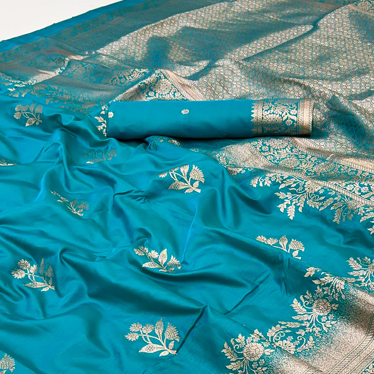 Blue Art Silk Saree Featuring Intricate Floral Zari Weaving & An Elegant Banarasi Pallu - Image 2