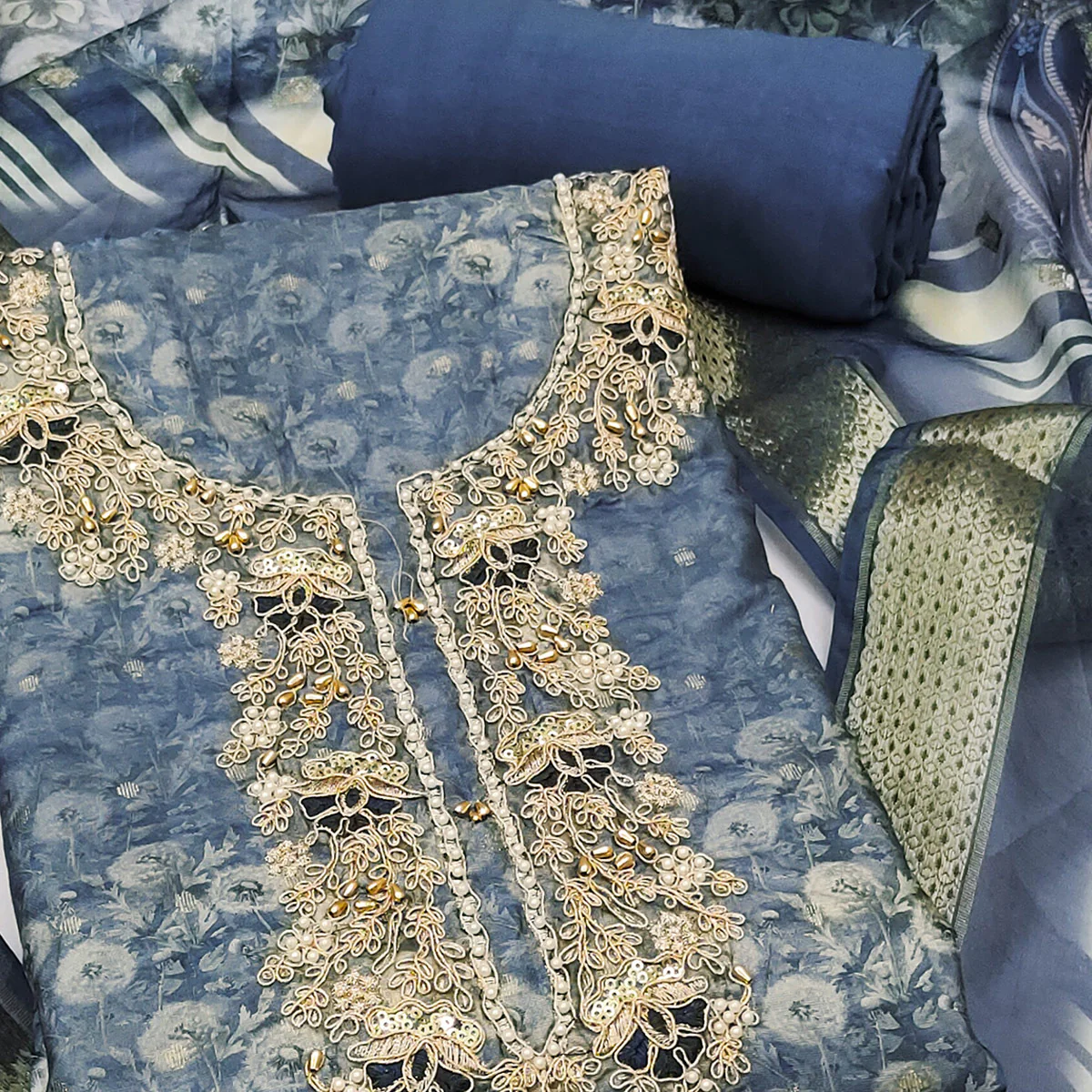 Blue Banarasi Cotton Blend Dress Material With Floral Digital Print & Elegant Moti Handwork - Image 2