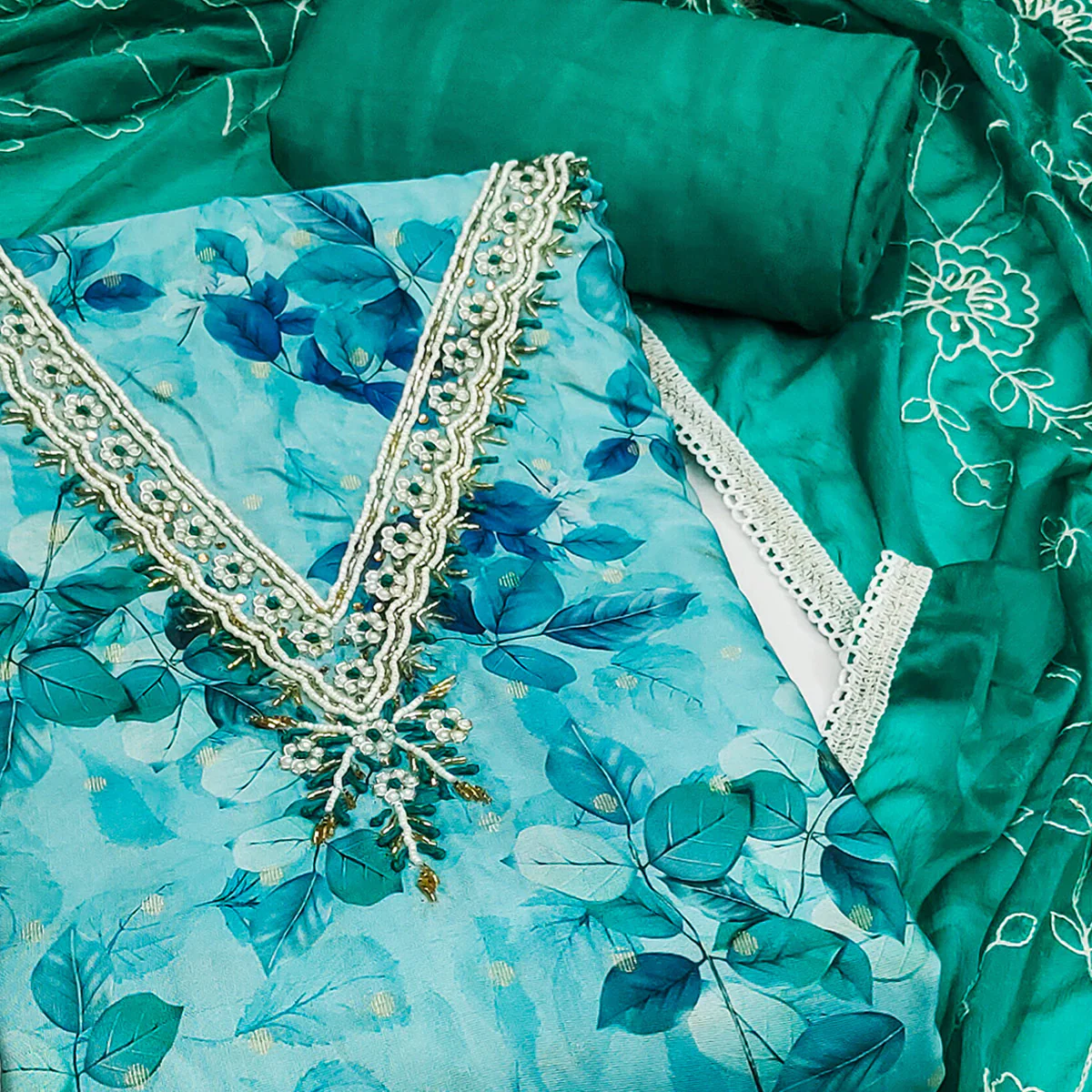 Blue Banarasi Silk Dress Material With Digital Print & Moti Handwork - Image 2
