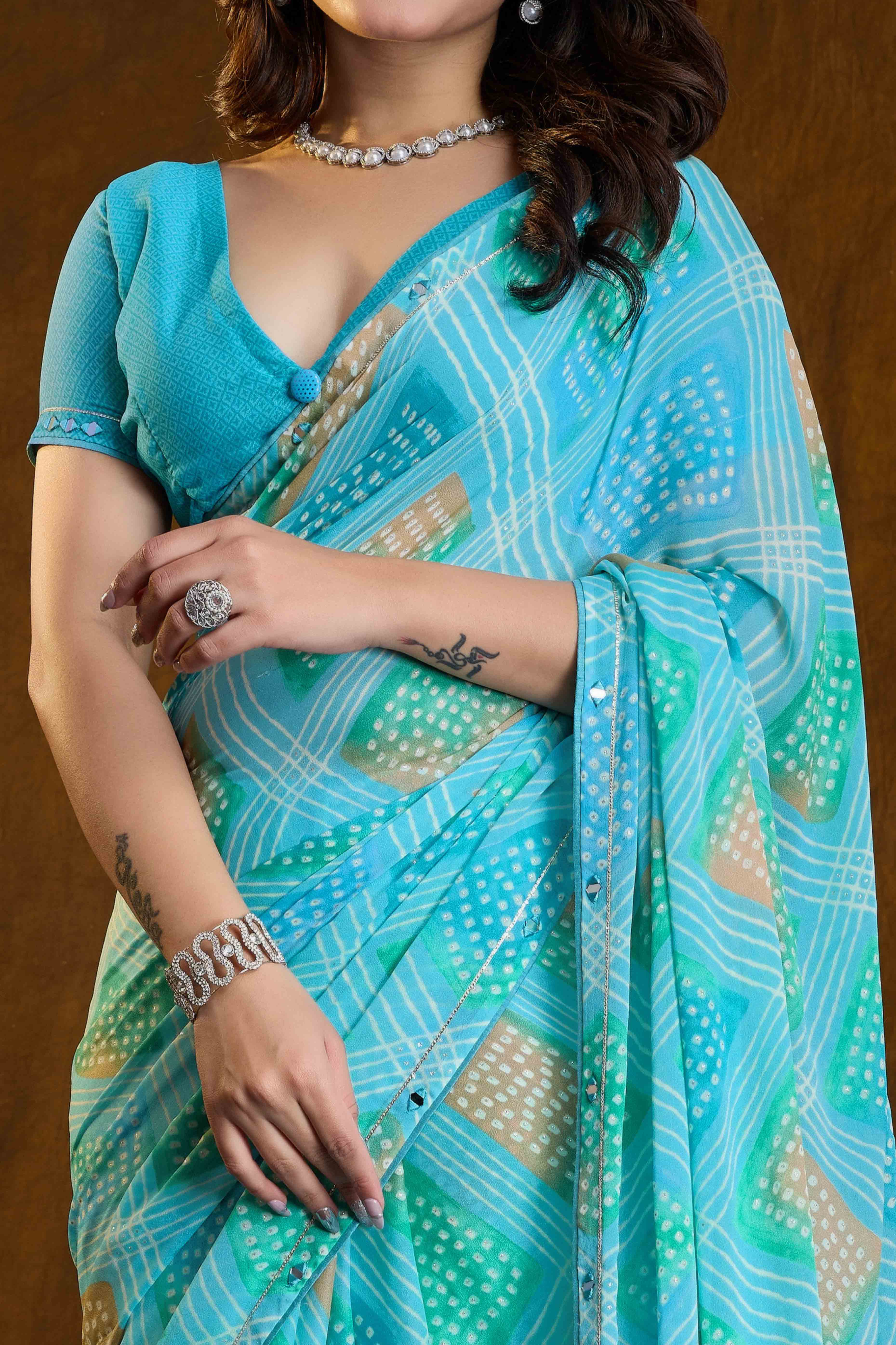 Blue Bandhani Printed Chiffon Saree With Sparkling Mirror Work Border - Image 2
