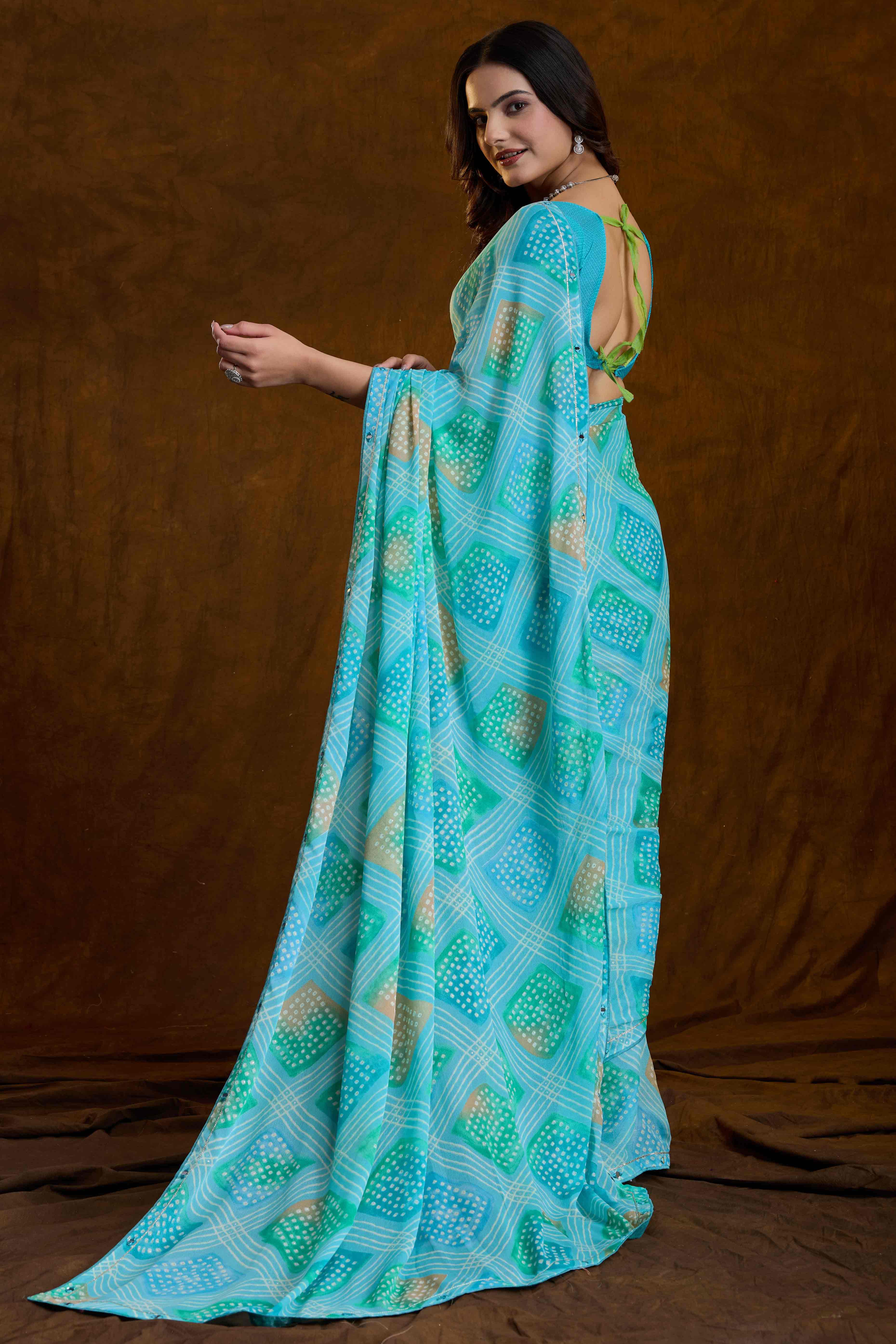 Blue Bandhani Printed Chiffon Saree With Sparkling Mirror Work Border - Image 3