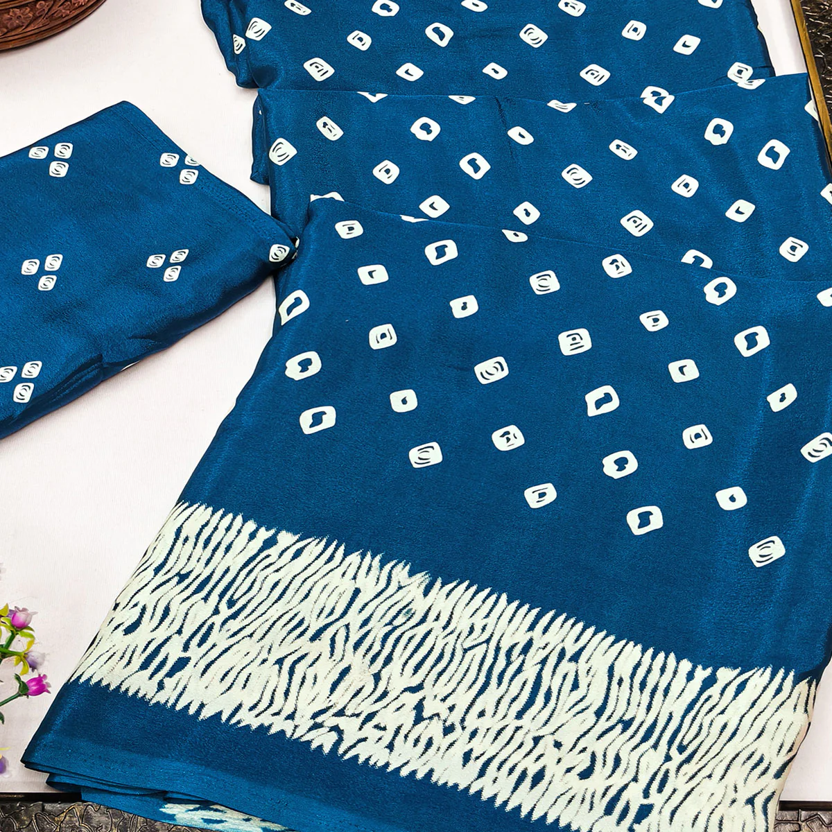 Blue Bandhani Printed Chiffon Saree With Traditional Appeal - Image 2