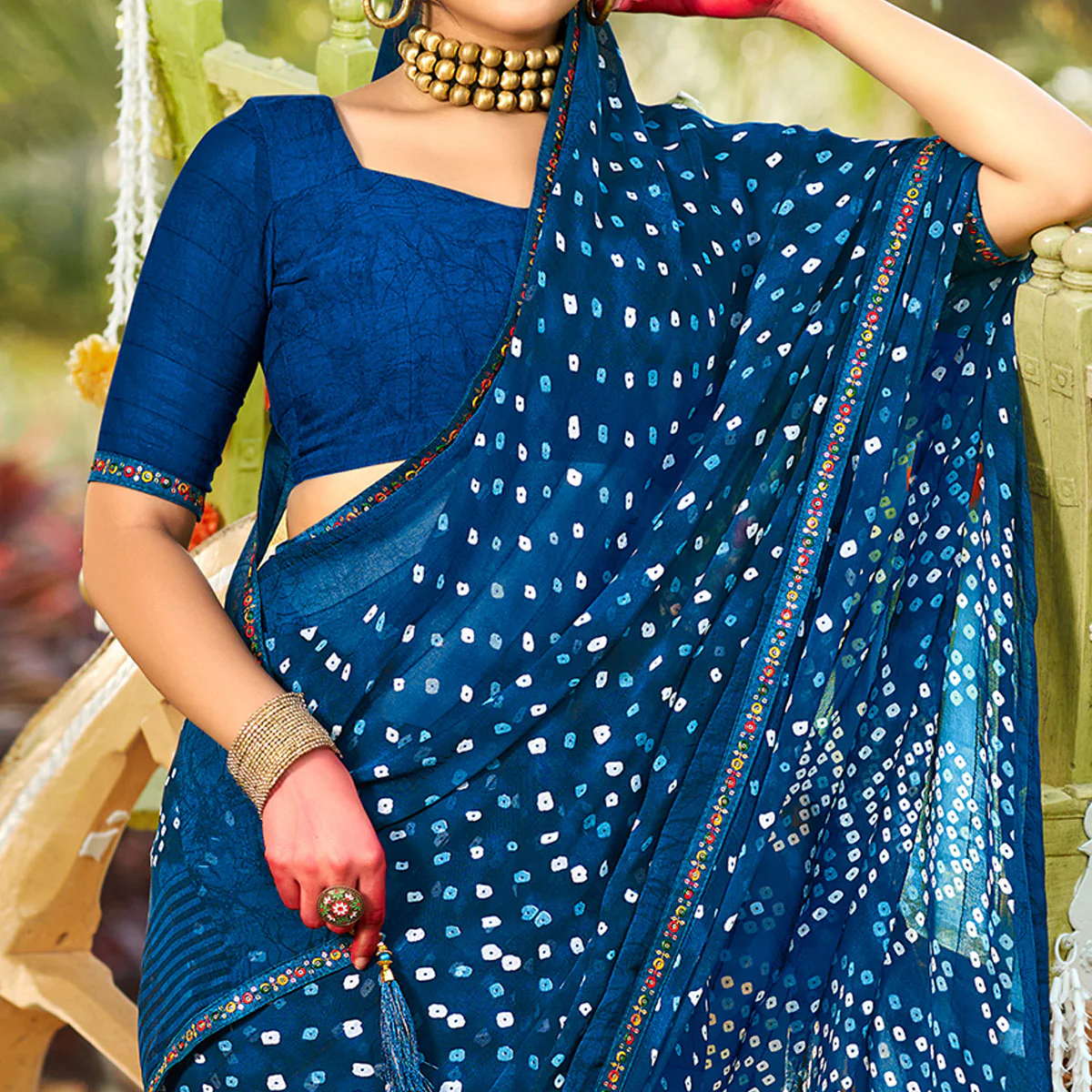 Blue Bandhani Printed Georgette Saree - Image 2