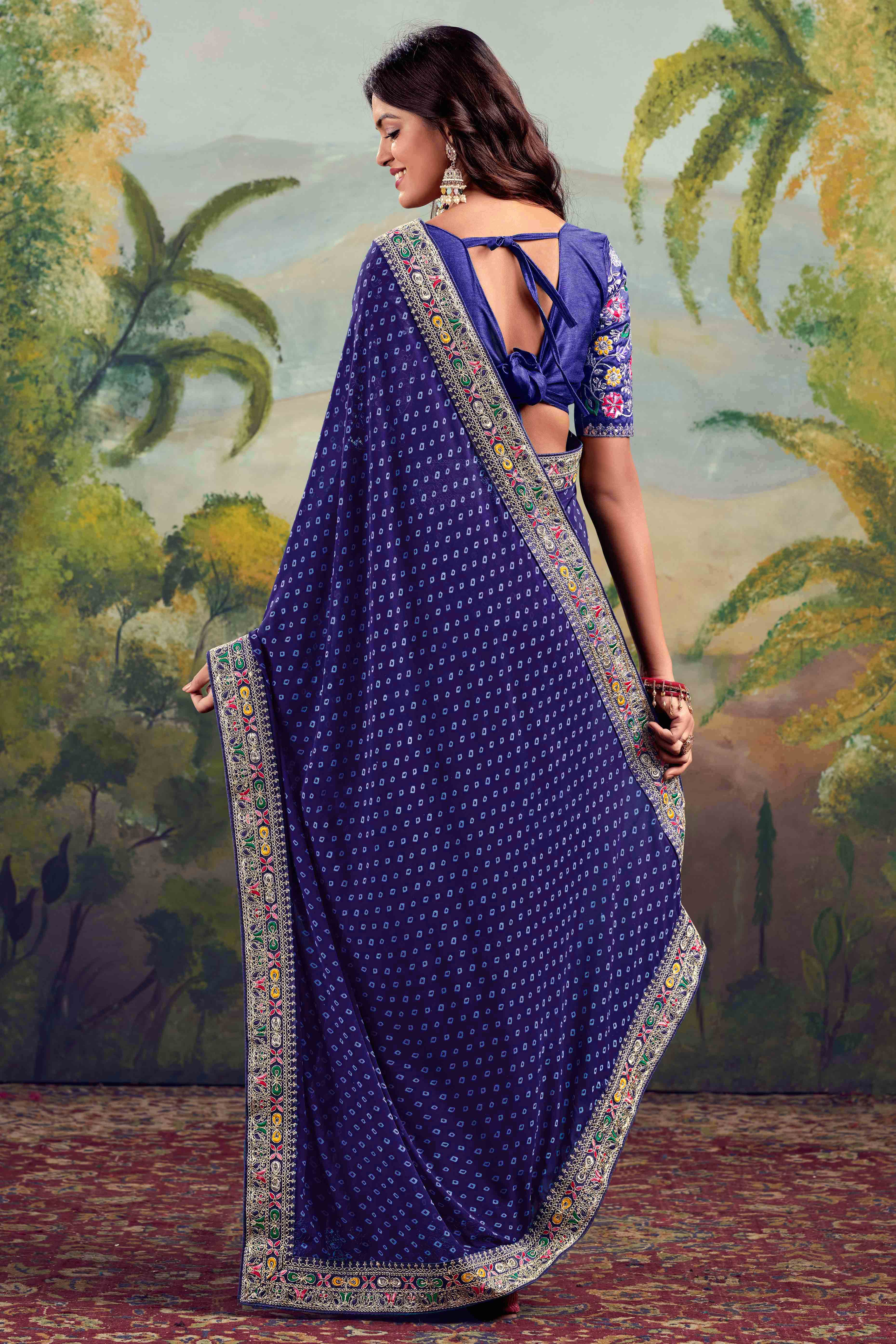 Blue Bandhani Printed Georgette Saree With Embroidered Border - Image 4