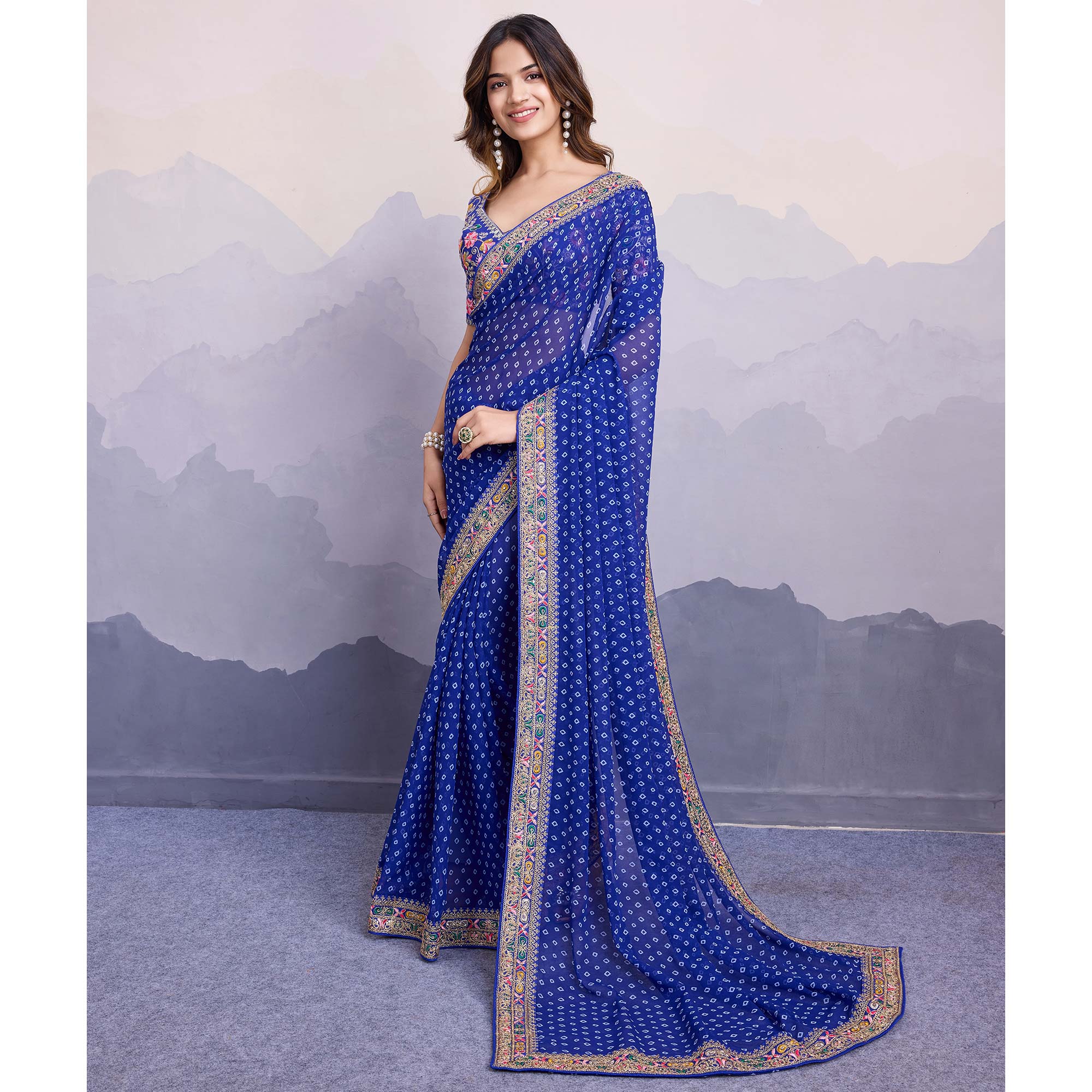 Blue Bandhani Printed Georgette Saree With Embroidered Lace Border - Image 4