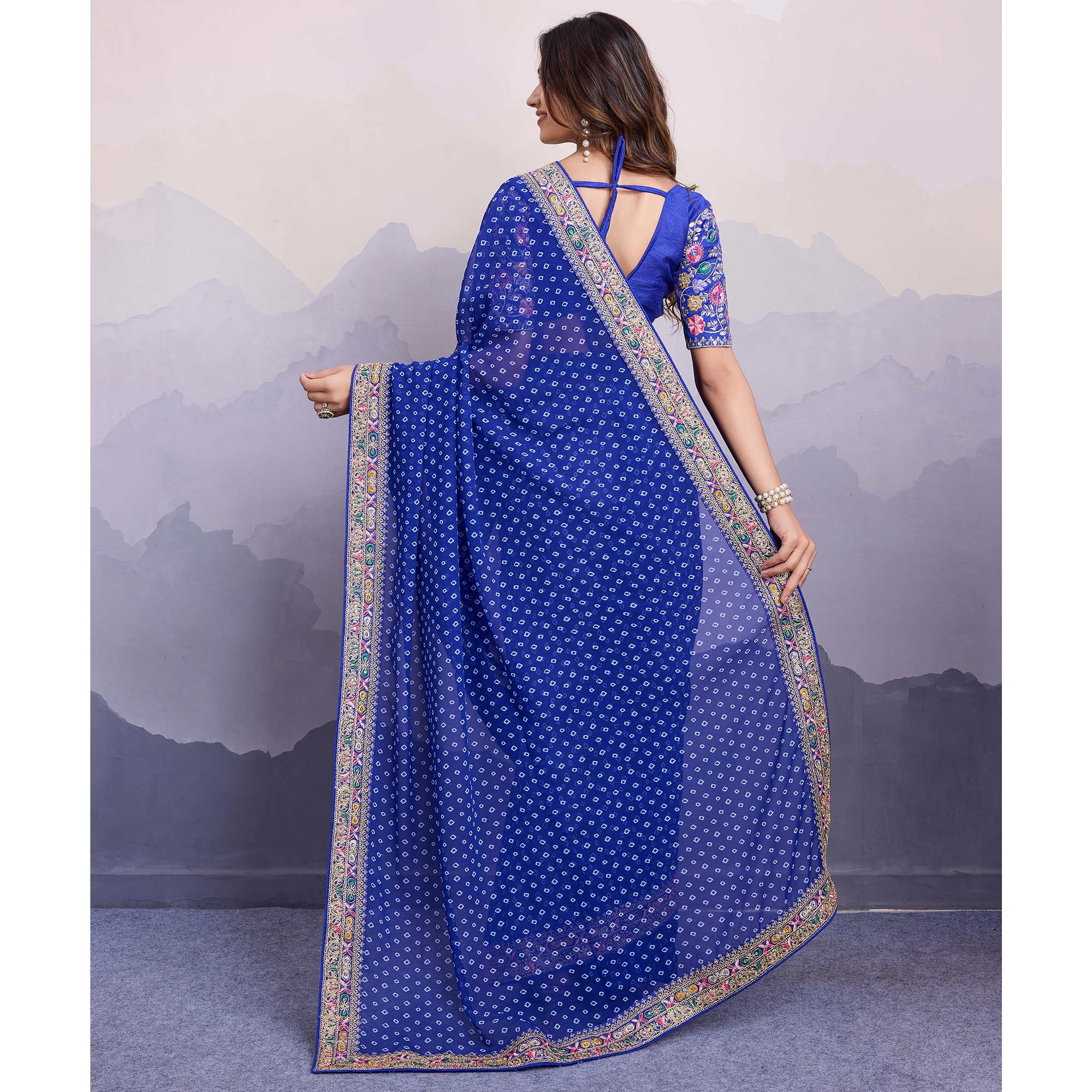 Blue Bandhani Printed Georgette Saree With Embroidered Lace Border - Image 5