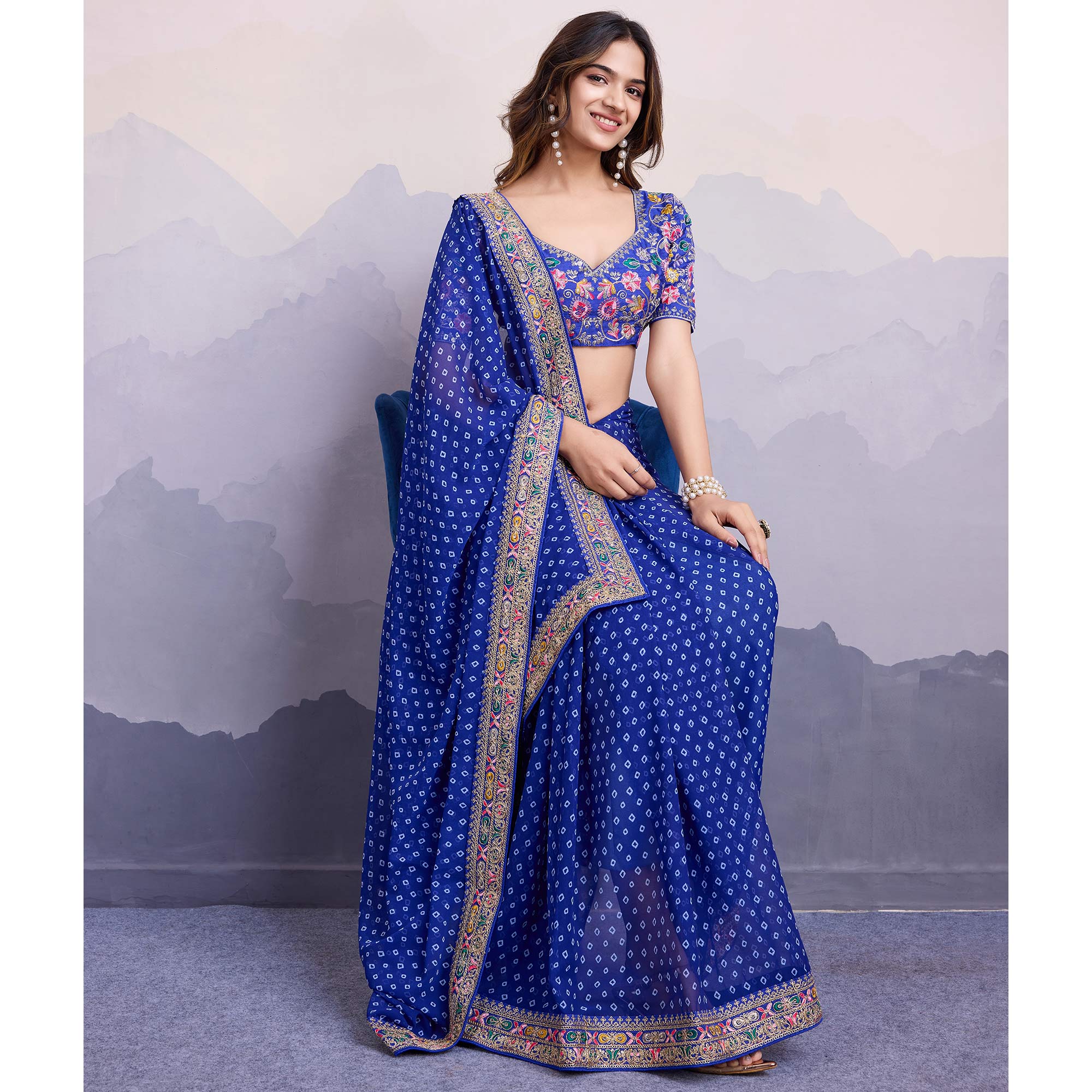 Blue Bandhani Printed Georgette Saree With Embroidered Lace Border - Image 6