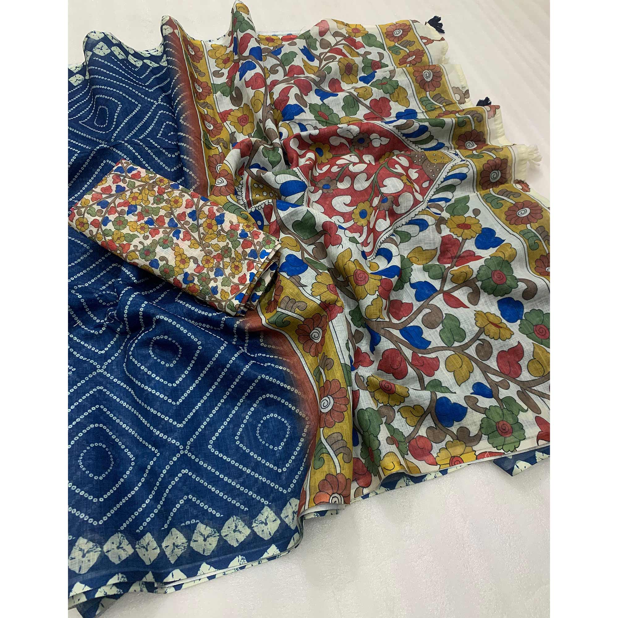 Blue Bandhani Printed Linen Saree With Delicate Tassel Border - Image 3