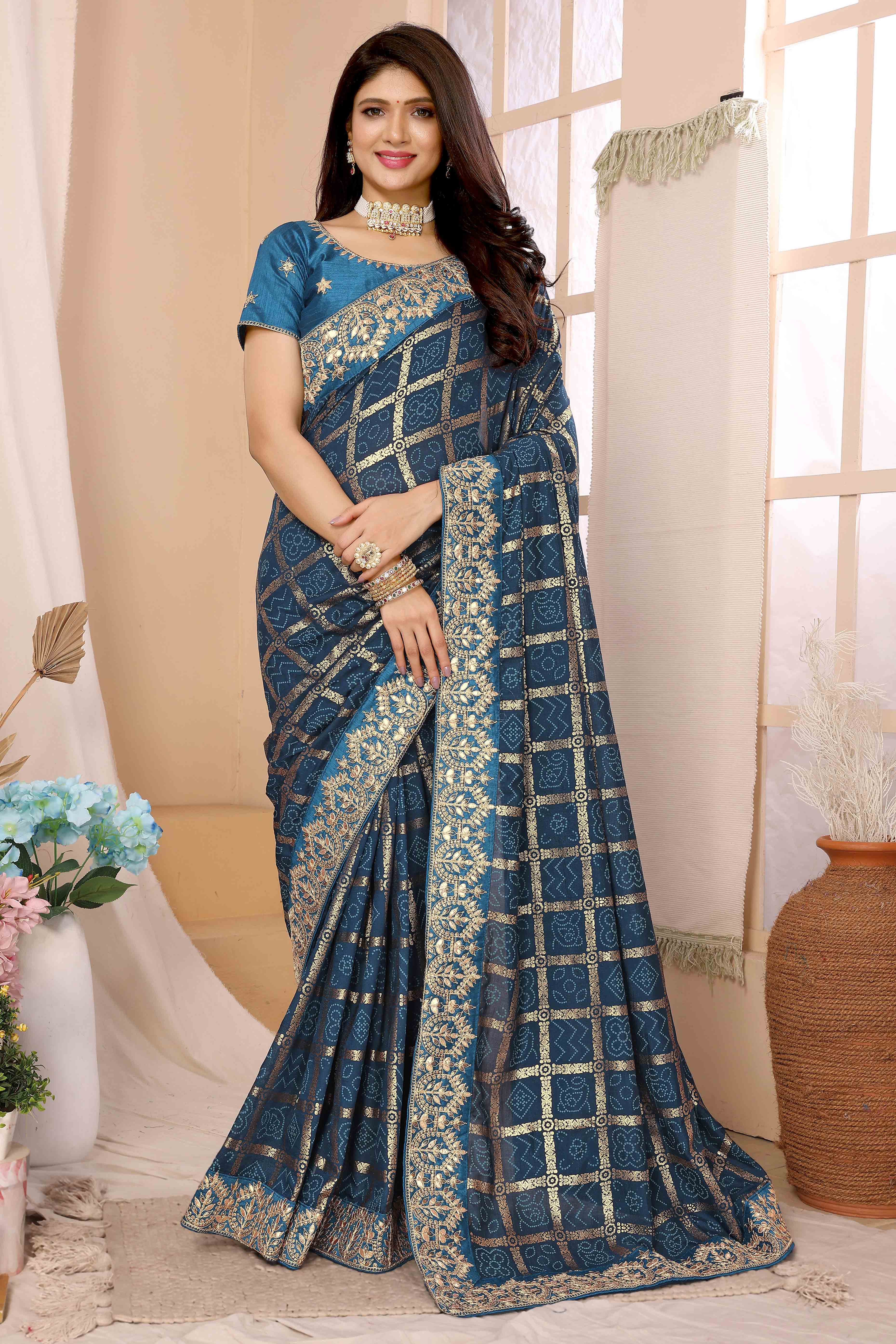 Blue Bandhani Printed Vichitra Silk Saree With Embroidered Border - Image 3
