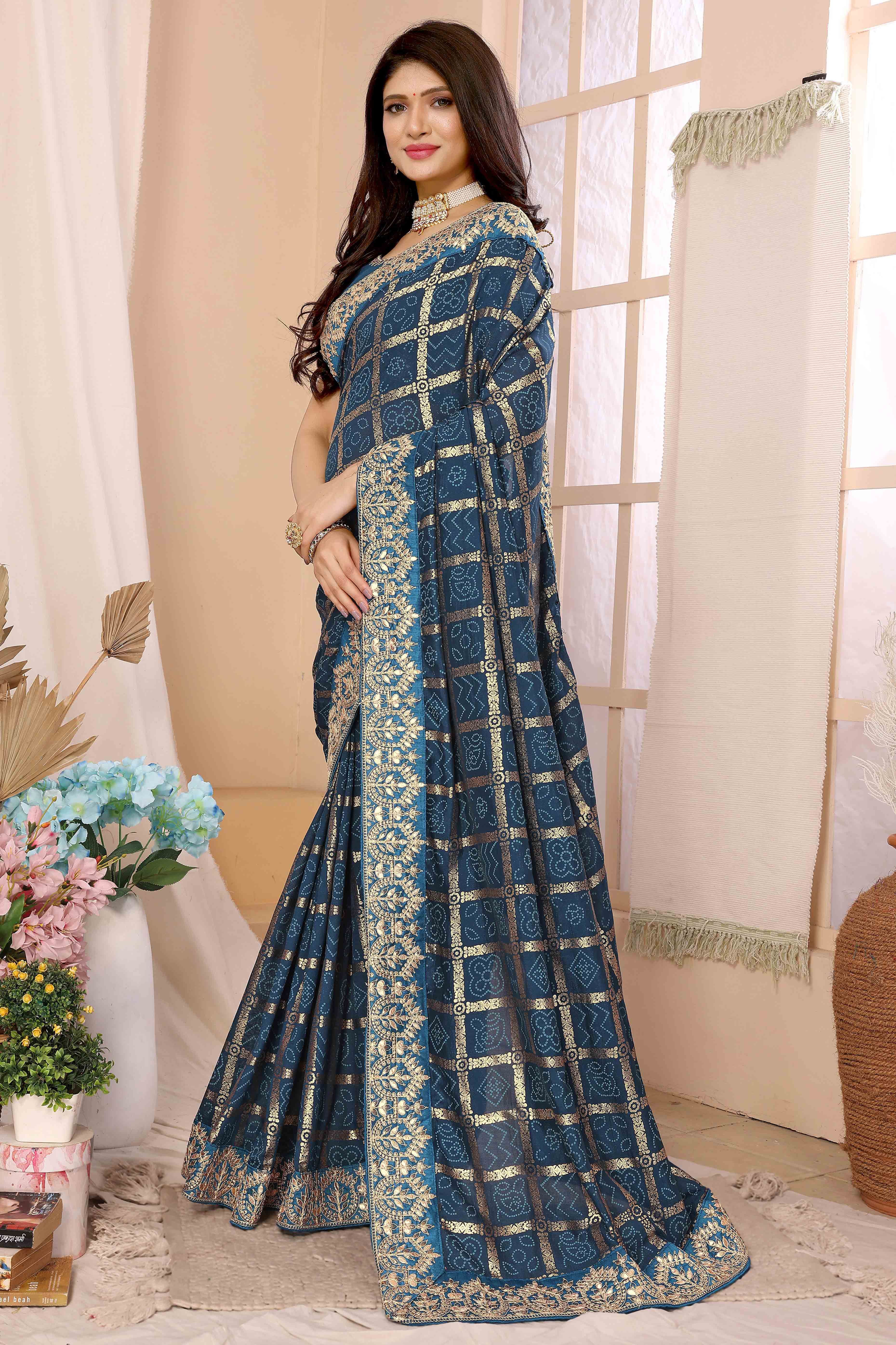 Blue Bandhani Printed Vichitra Silk Saree With Embroidered Border - Image 4