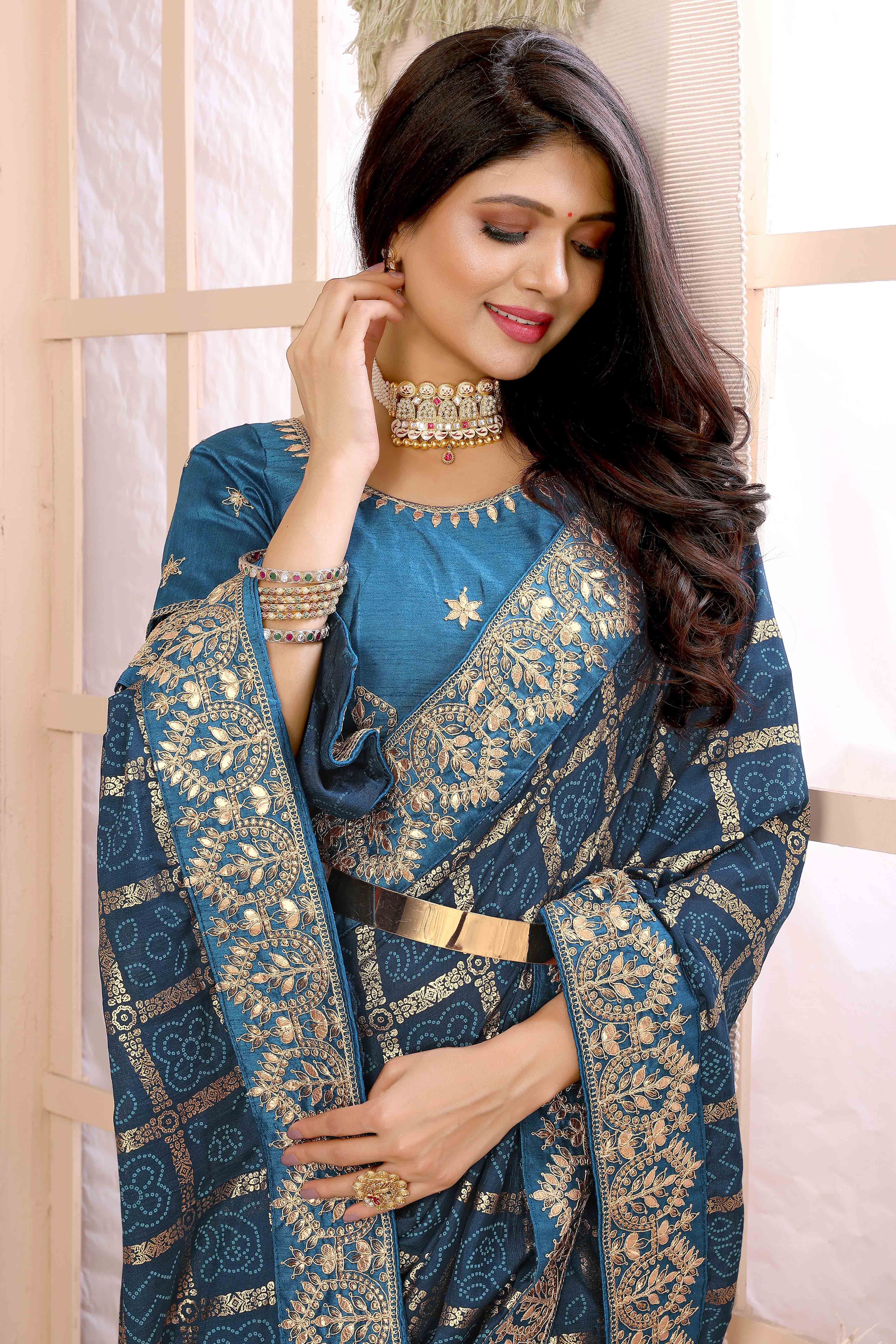 Blue Bandhani Printed Vichitra Silk Saree With Embroidered Border - Image 6