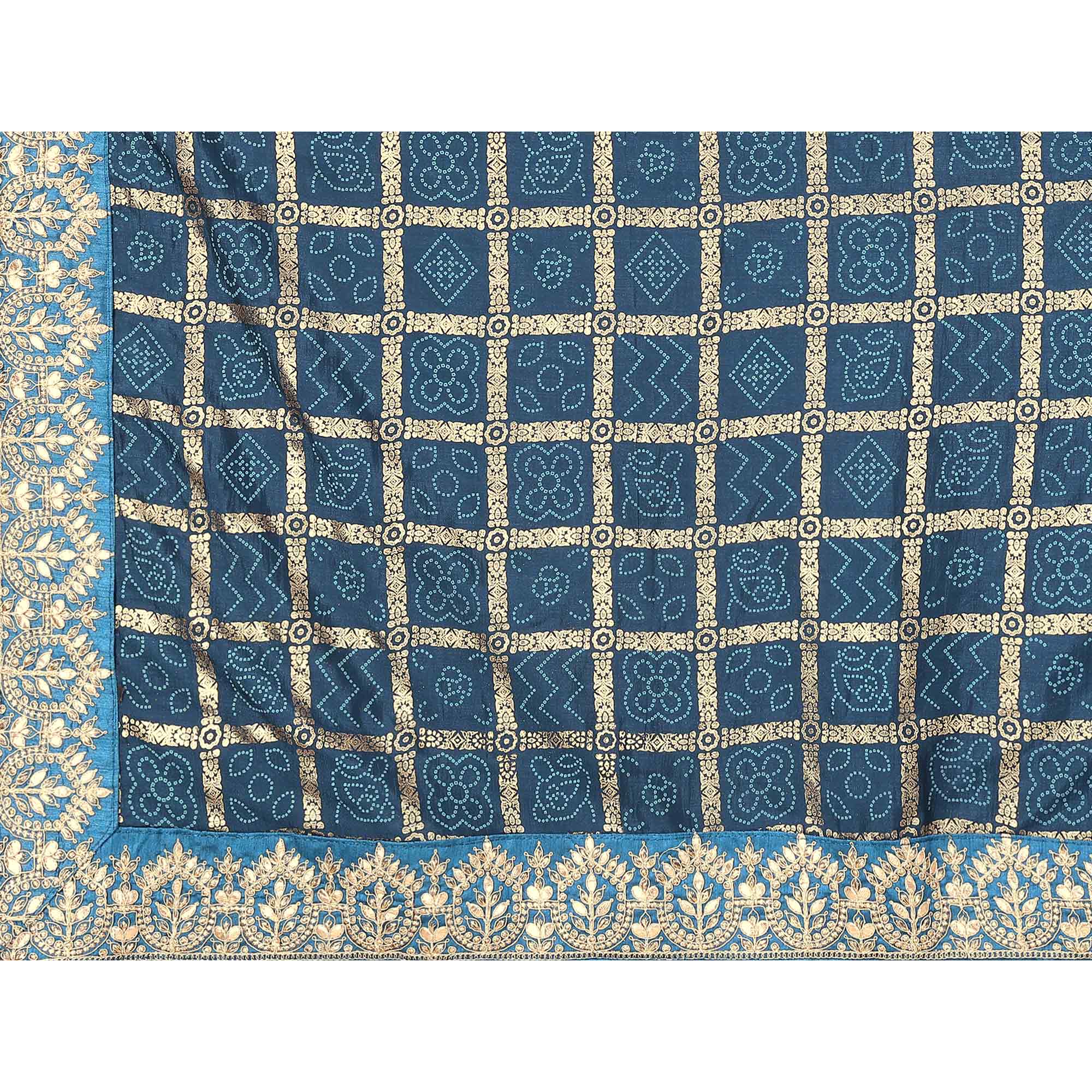 Blue Bandhani Printed Vichitra Silk Saree With Embroidered Border - Image 8