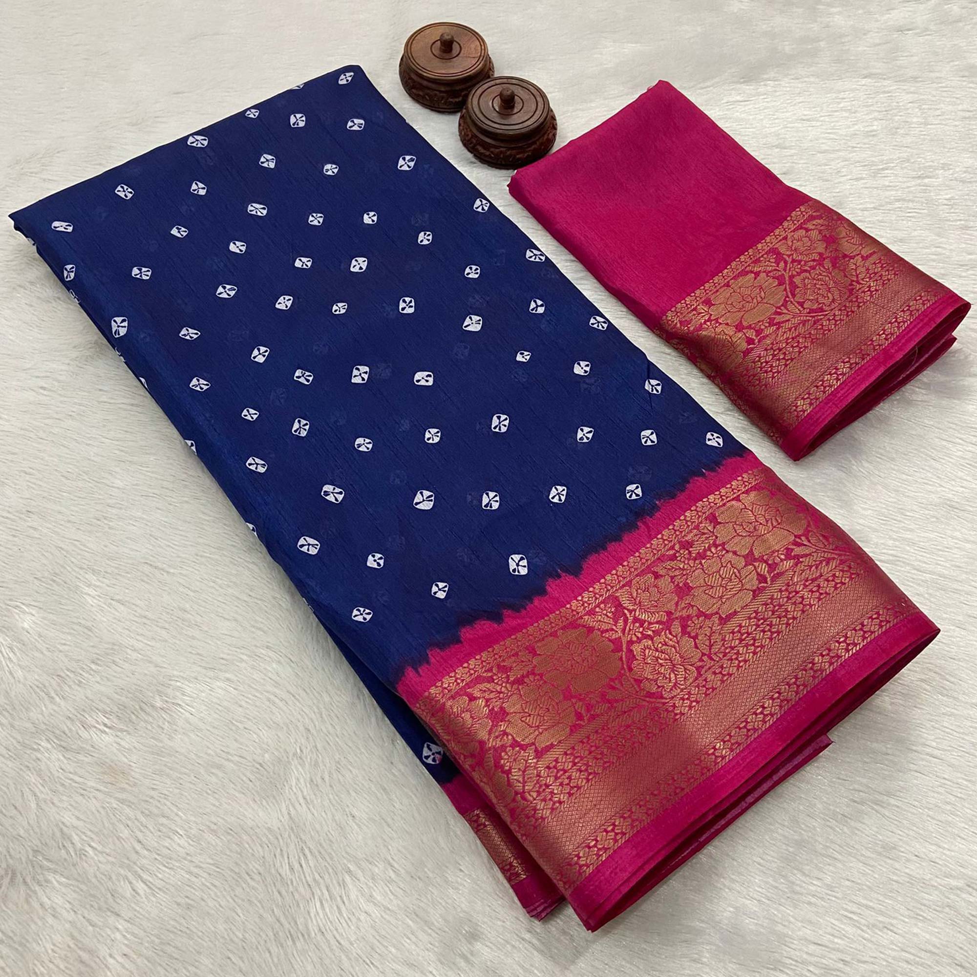 Blue Bandhani Printed Weaving Dola Silk Saree - Image 3