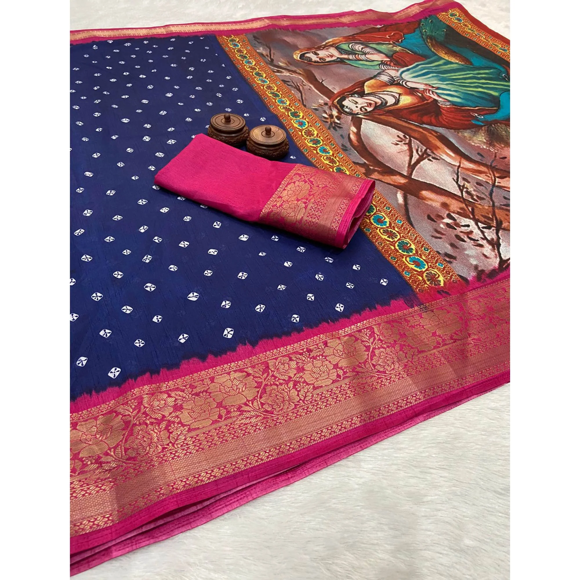 Blue Bandhani Printed Weaving Dola Silk Saree - Image 6
