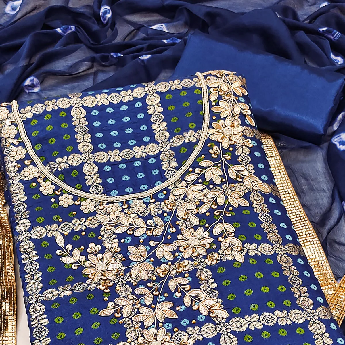 Blue Bandhani Woven With Handwork Cotton Silk Banarasi Dress Material - Image 2