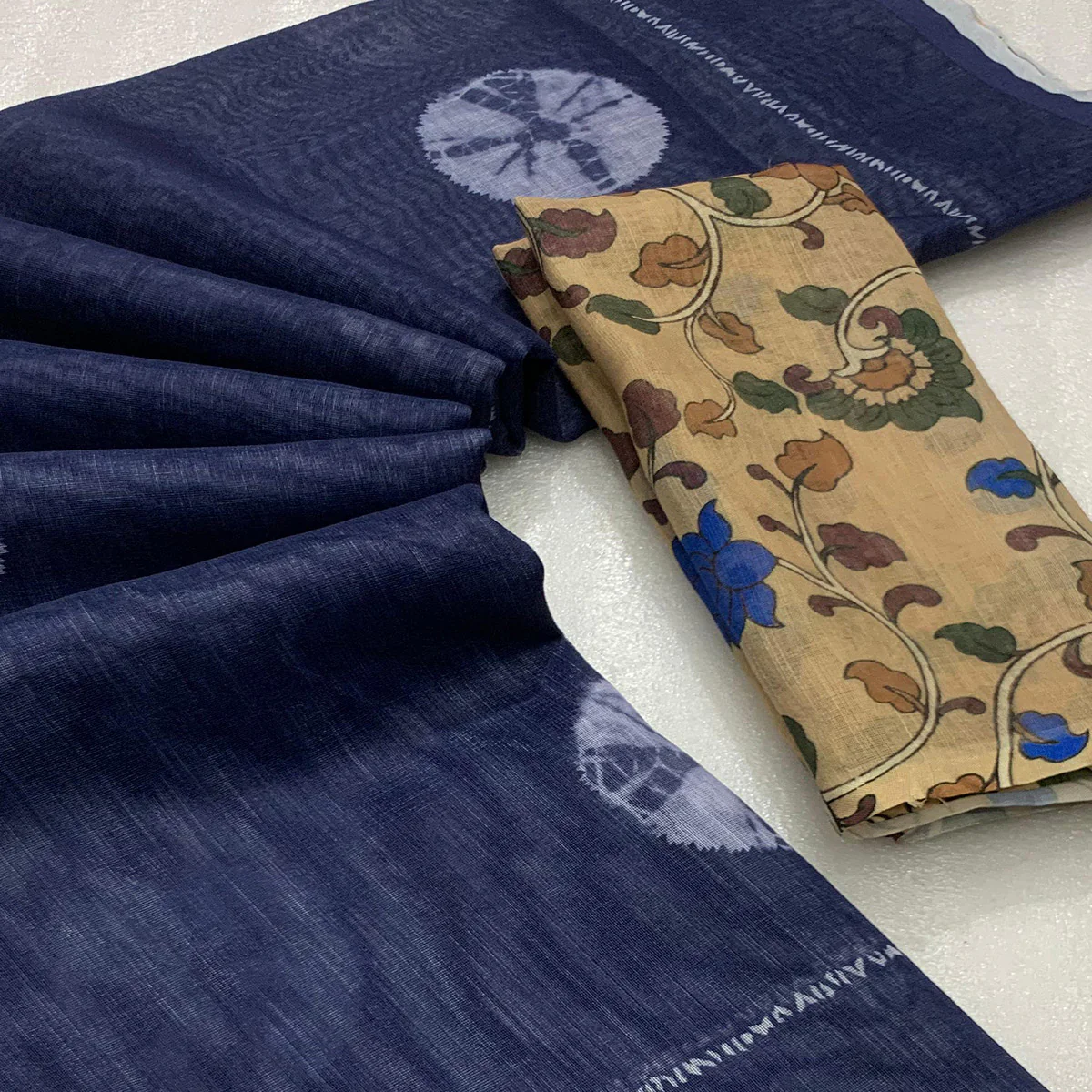 Blue Batik Printed Linen Saree - Image 2