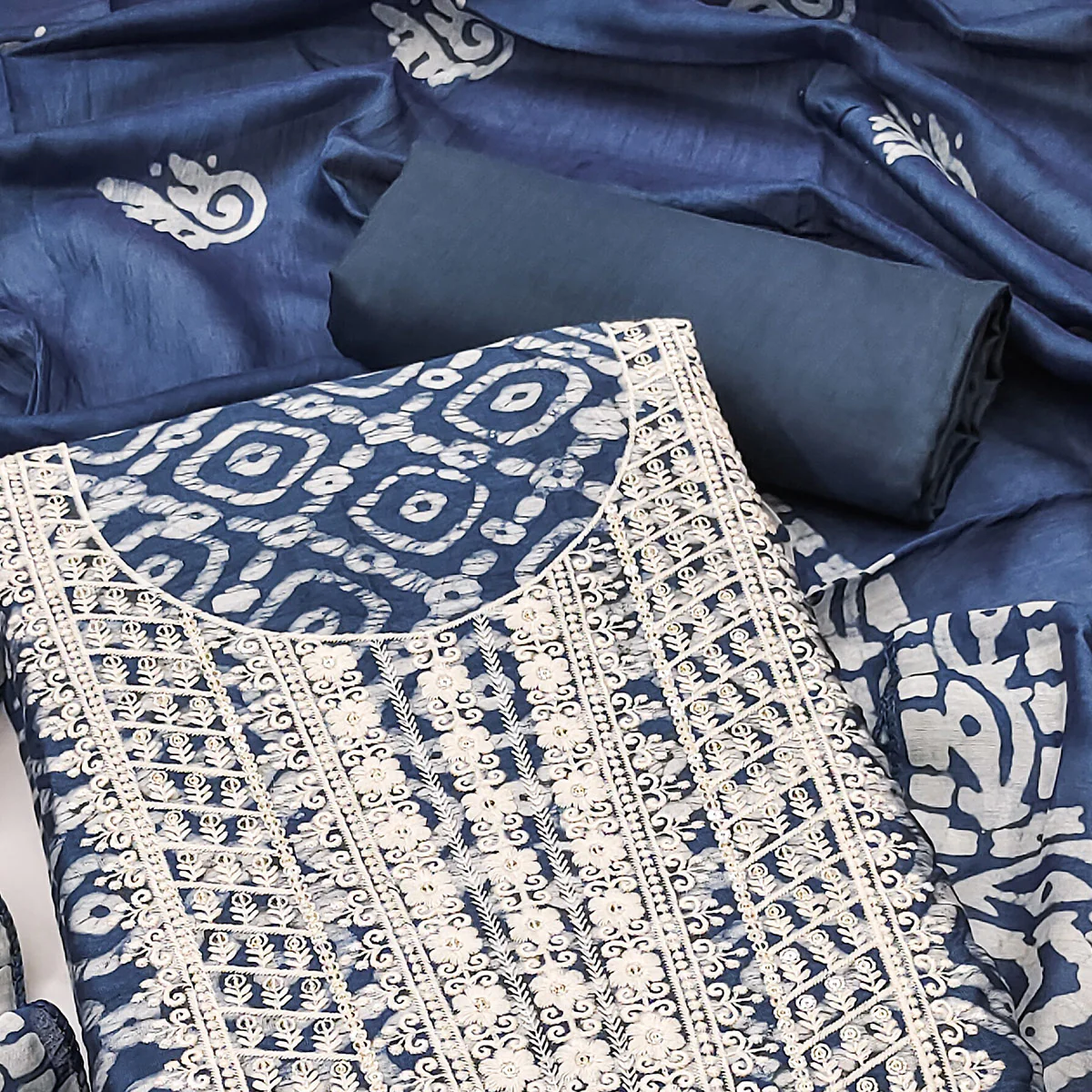 Blue Batik Printed With Embroidered Cotton Silk Dress Material - Image 2