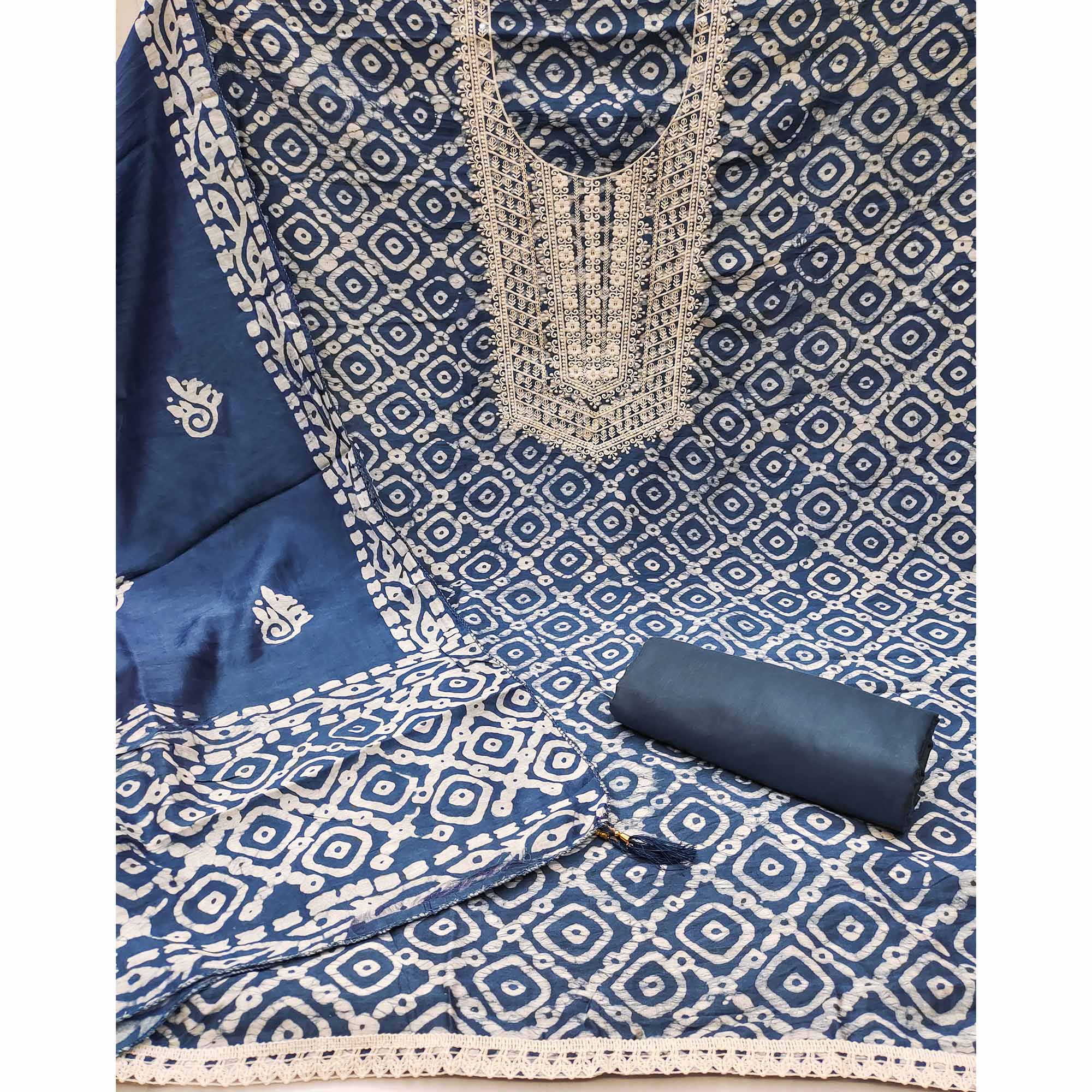 Blue Batik Printed With Embroidered Cotton Silk Dress Material - Image 3
