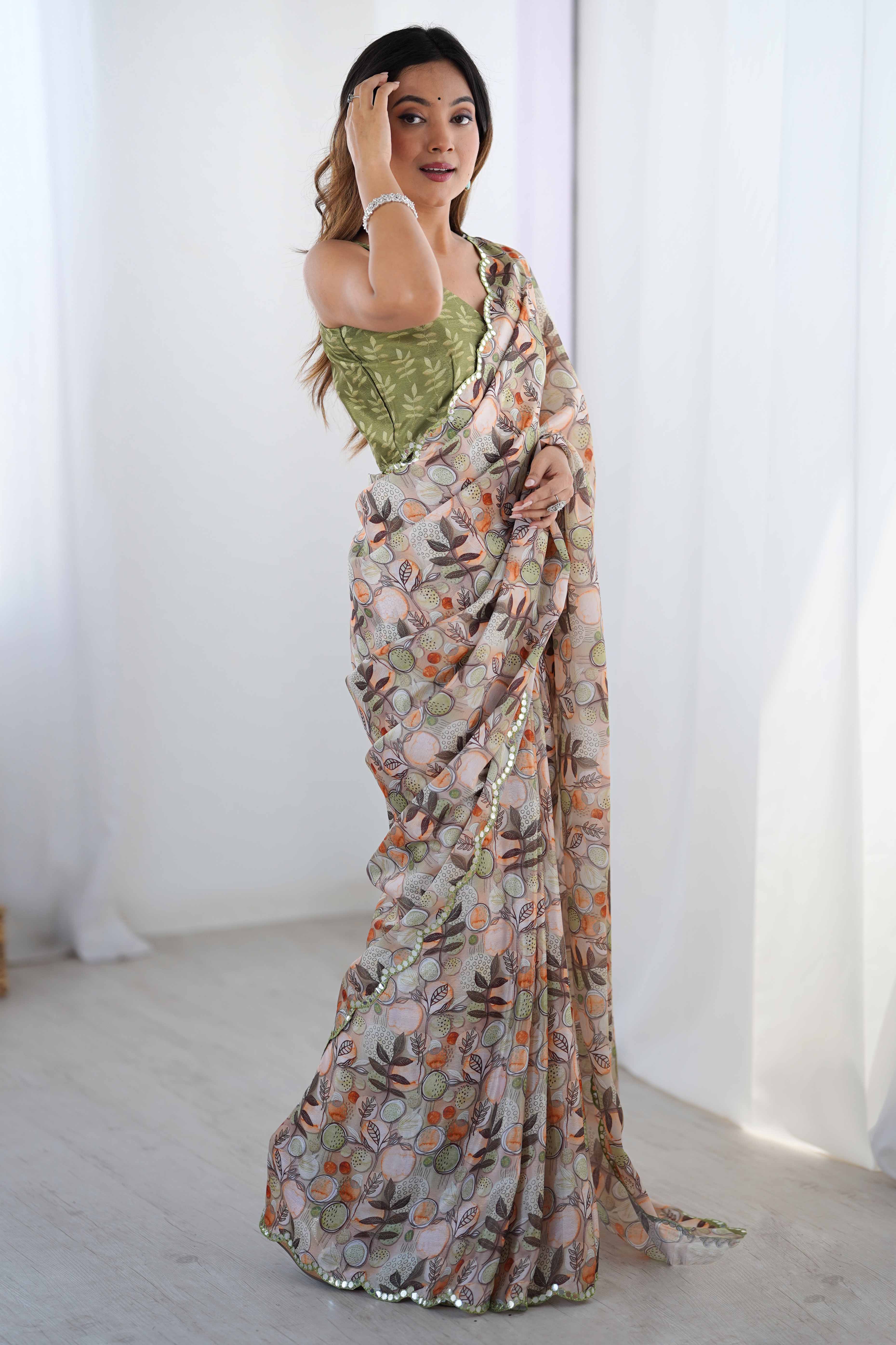 Light Grey Chinon Saree with Glimmering Mirror Work and Floral Prints - Image 3