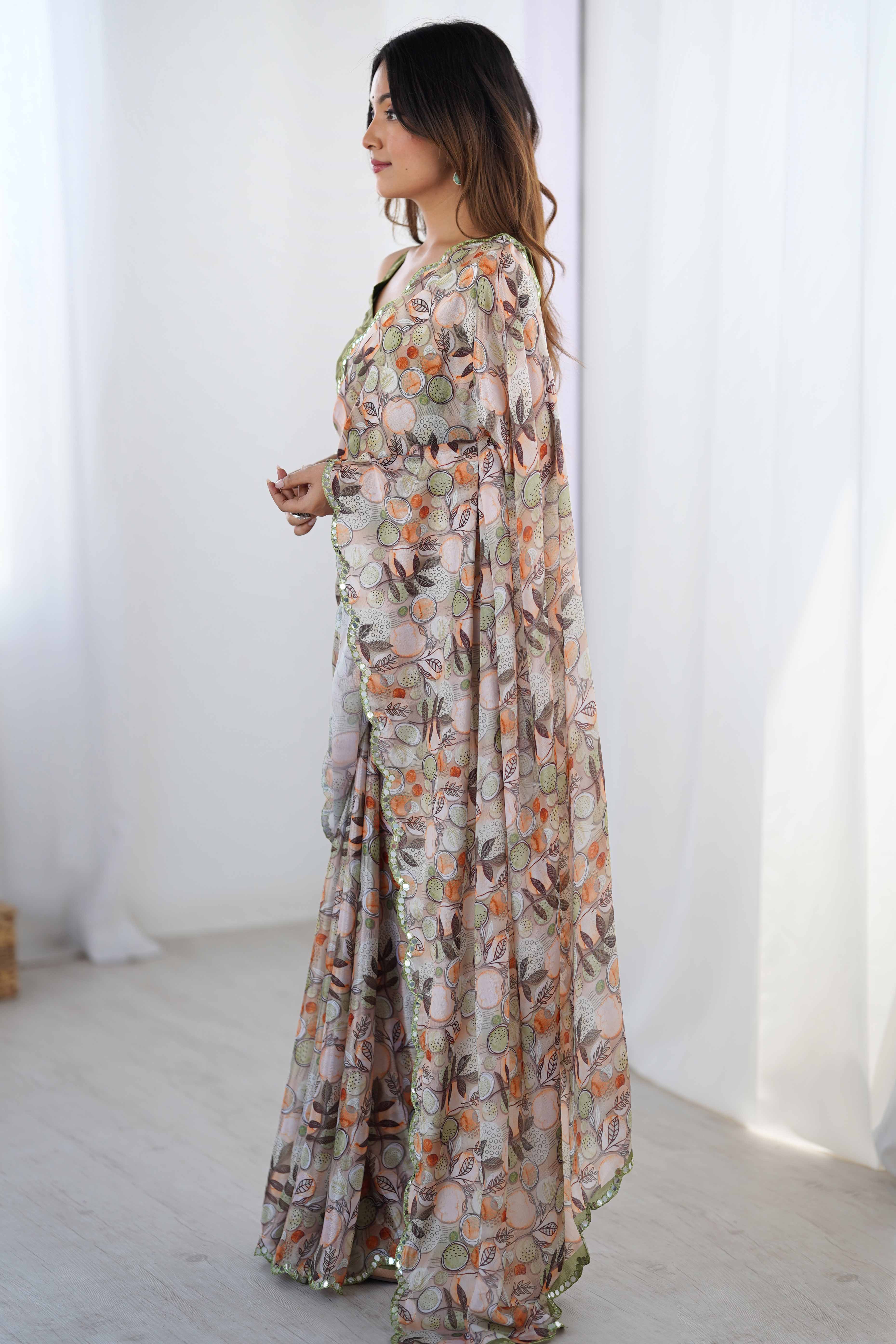 Light Grey Chinon Saree with Glimmering Mirror Work and Floral Prints - Image 5