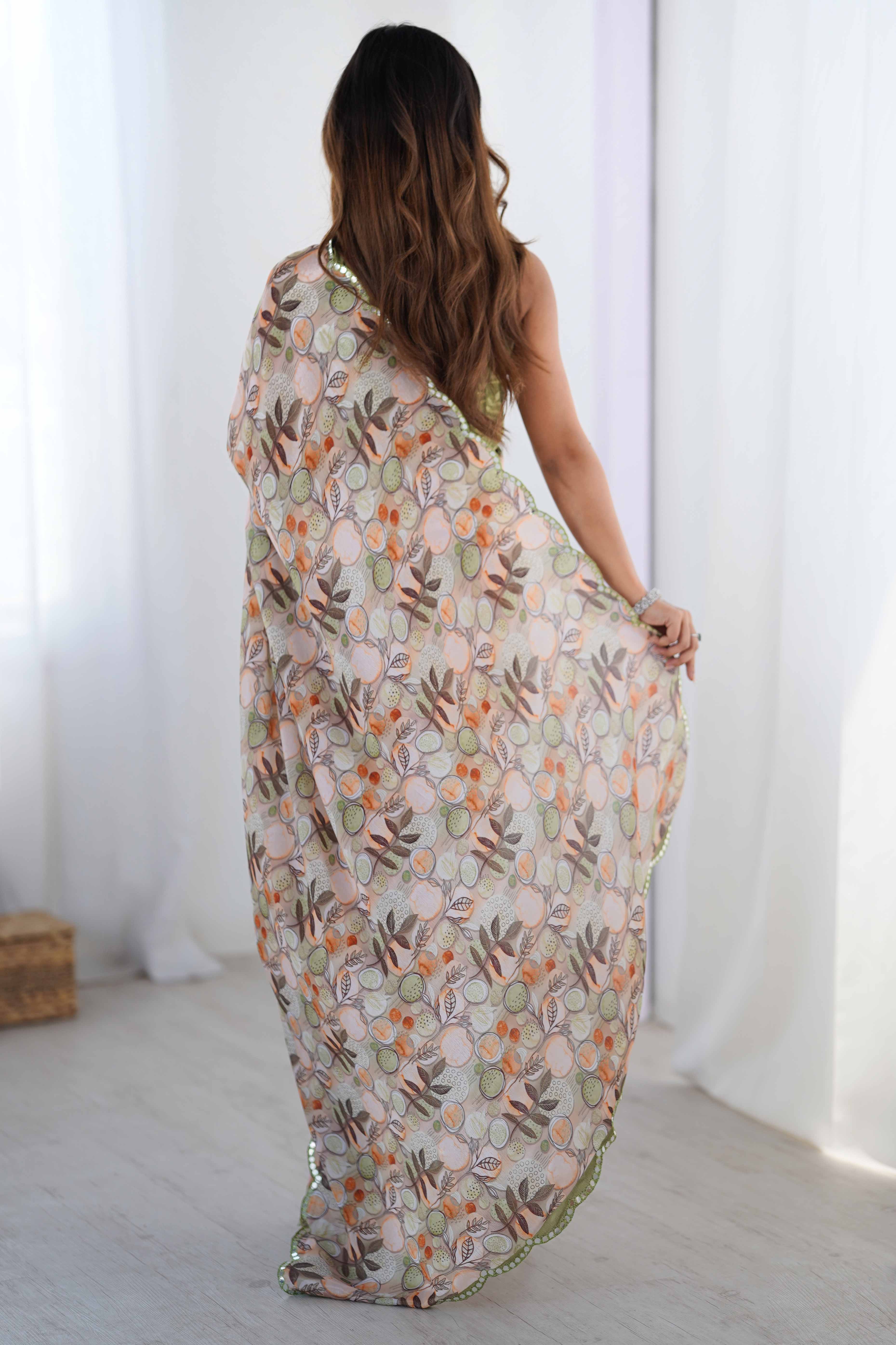 Light Grey Chinon Saree with Glimmering Mirror Work and Floral Prints - Image 6