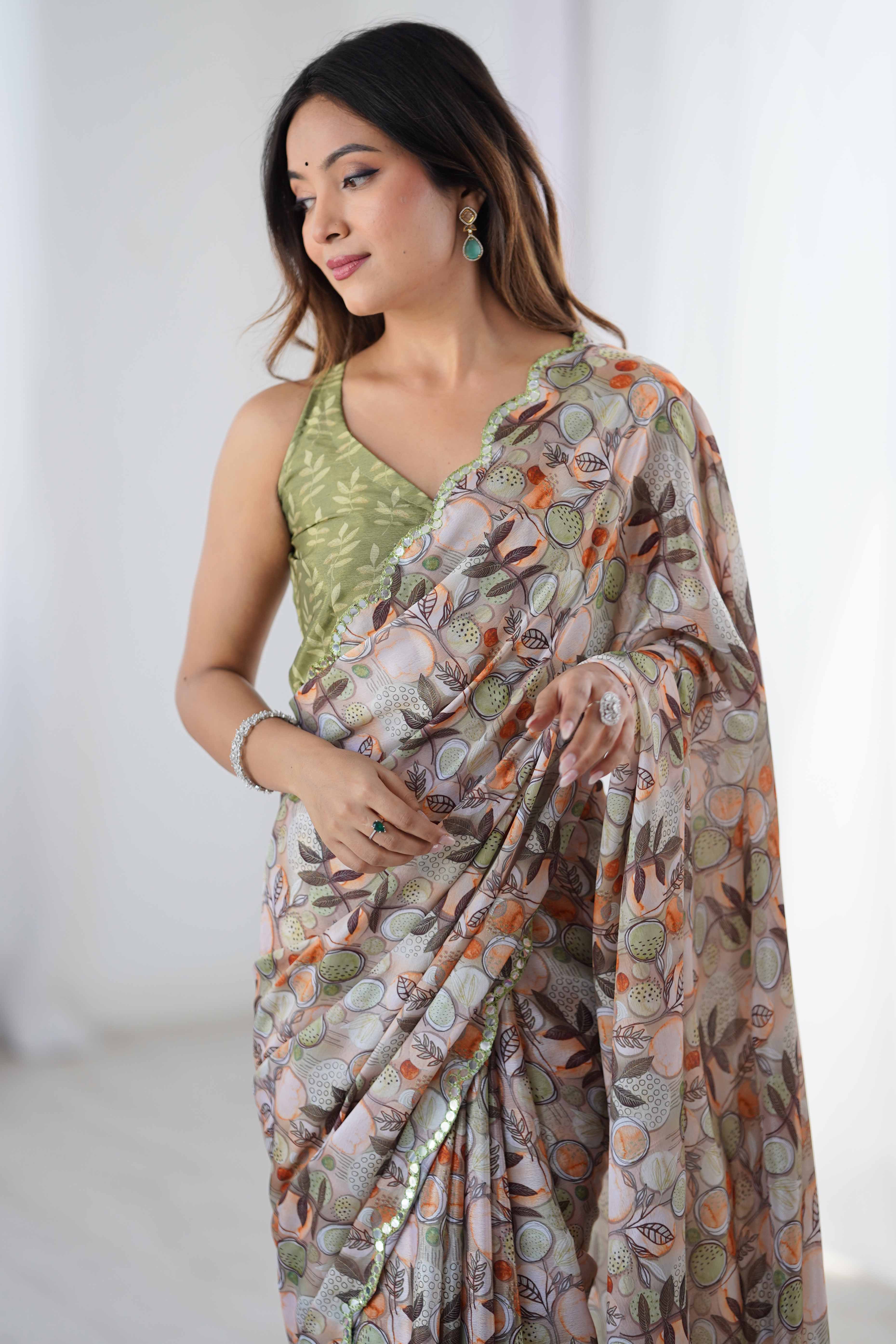 Light Grey Chinon Saree with Glimmering Mirror Work and Floral Prints - Image 8