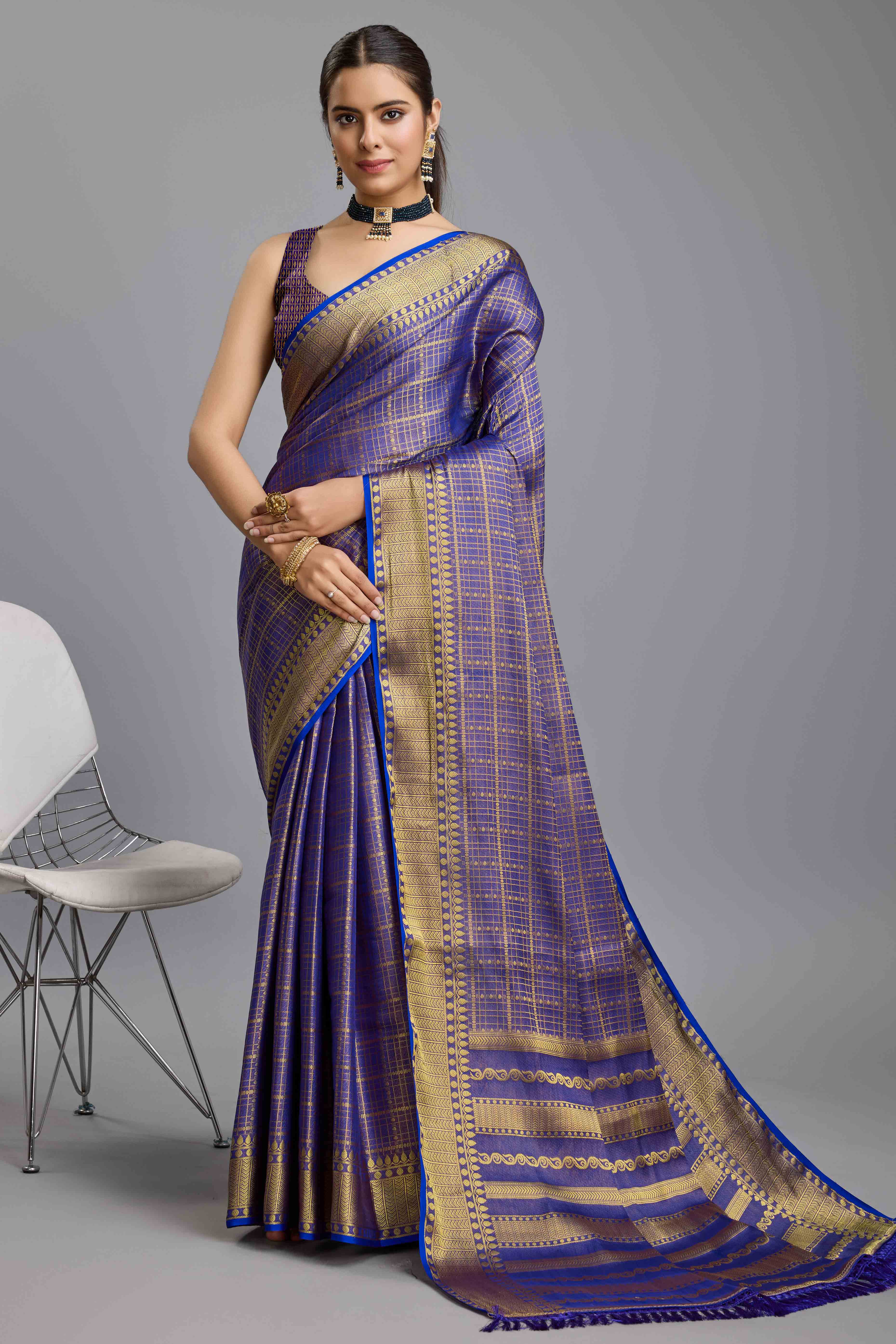 Blue Brocade Zari Weaving Mysore Silk Saree - Image 3