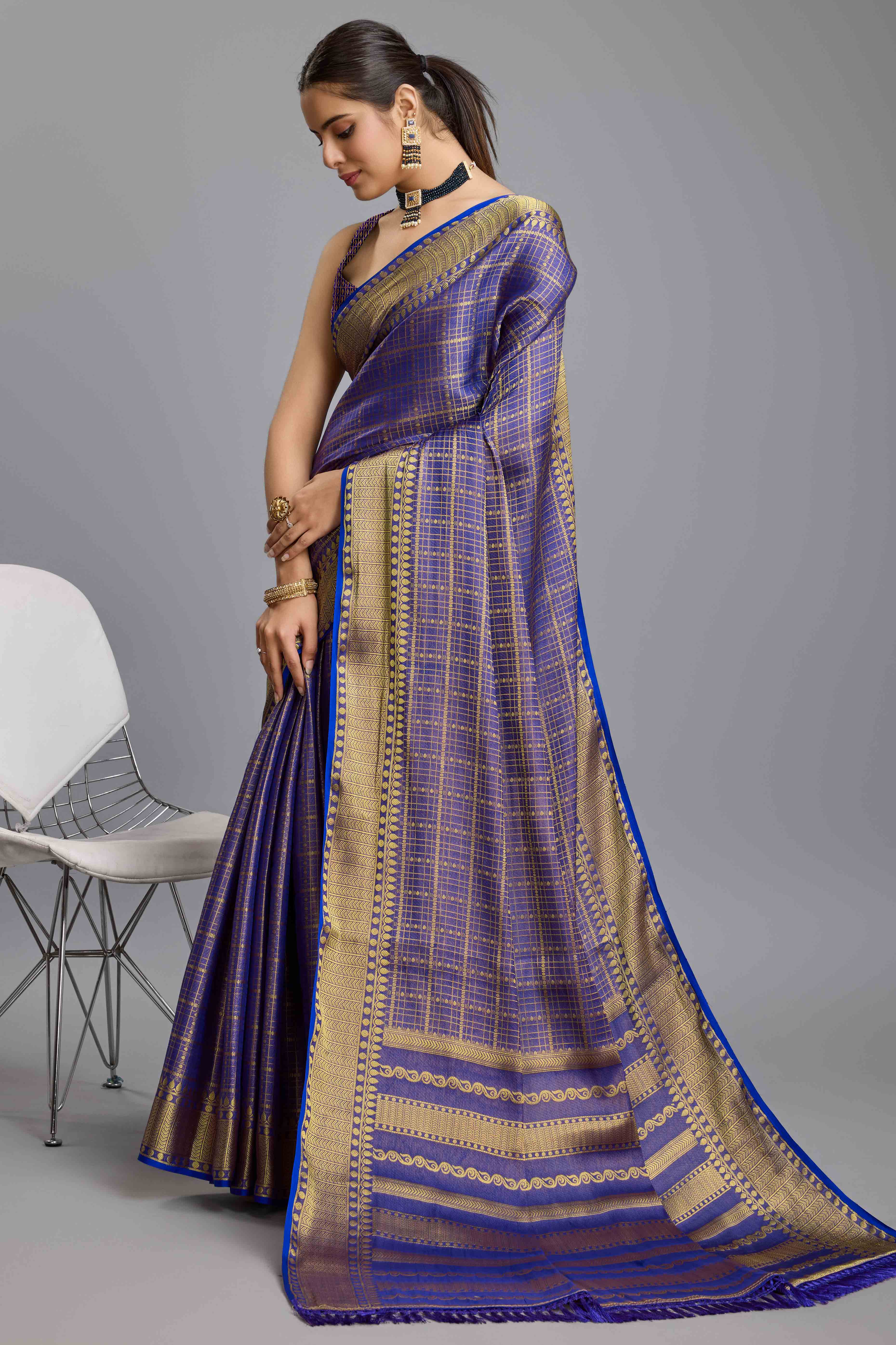 Blue Brocade Zari Weaving Mysore Silk Saree - Image 4