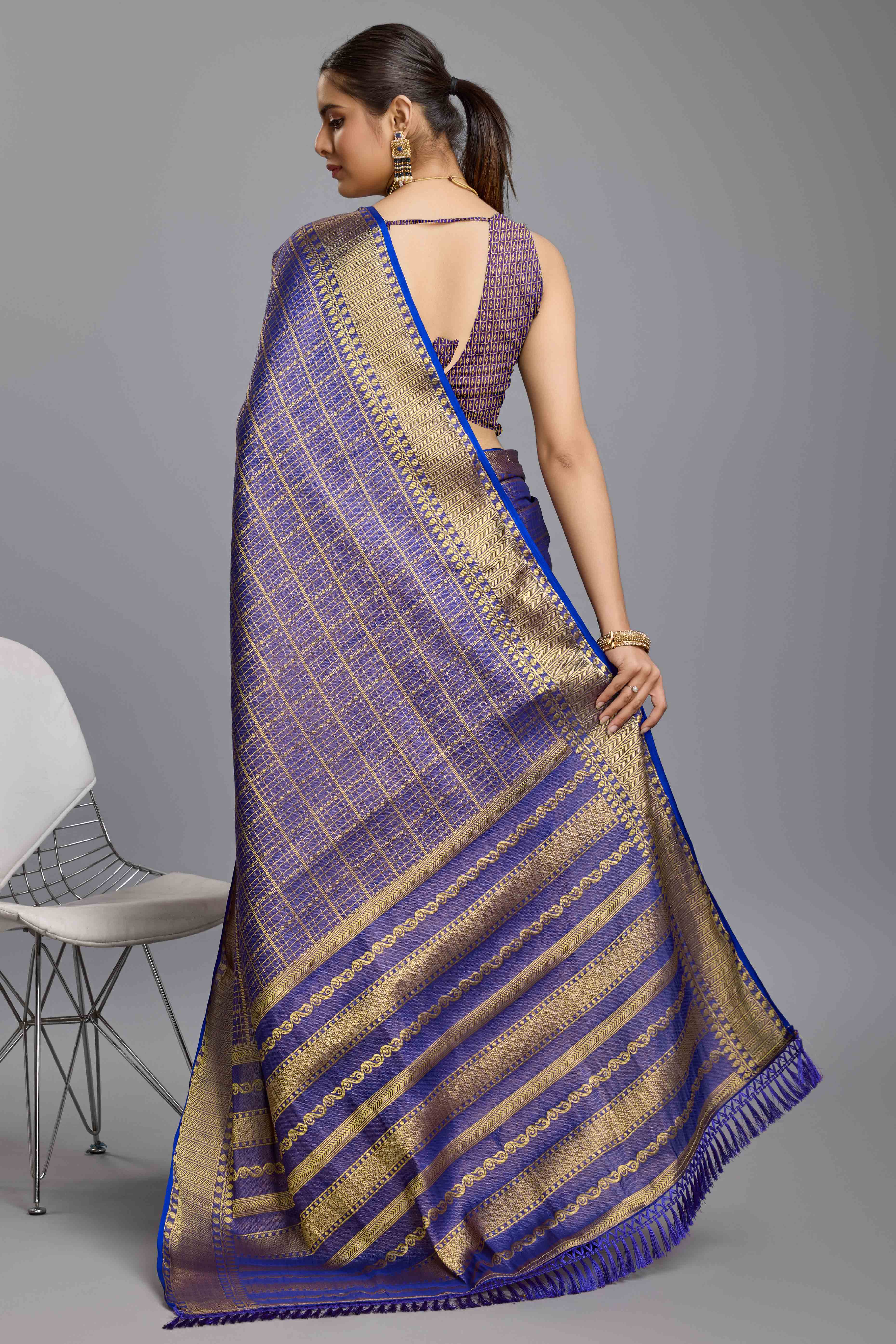 Blue Brocade Zari Weaving Mysore Silk Saree - Image 5