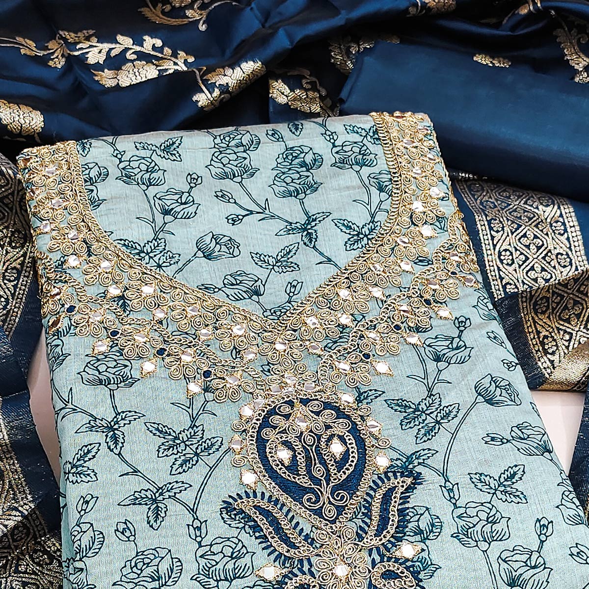 Blue Chanderi Silk Dress Material Featuring Floral Print & Cording Embroidered Detailing - Image 2