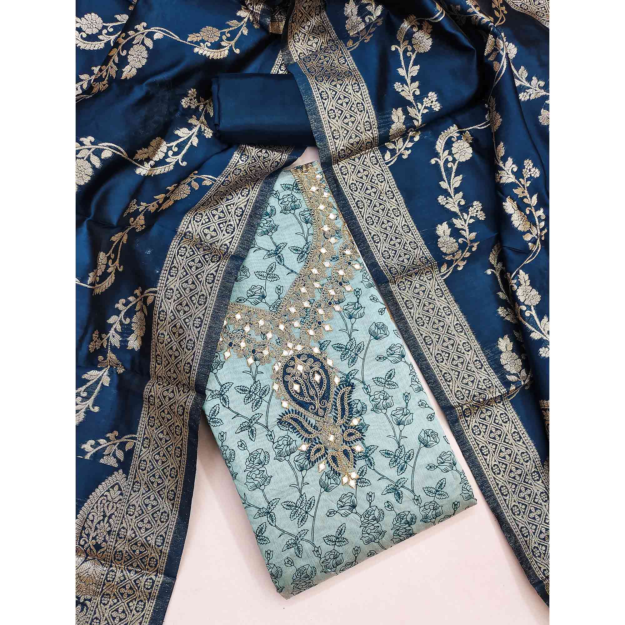 Blue Chanderi Silk Dress Material Featuring Floral Print & Cording Embroidered Detailing - Image 3