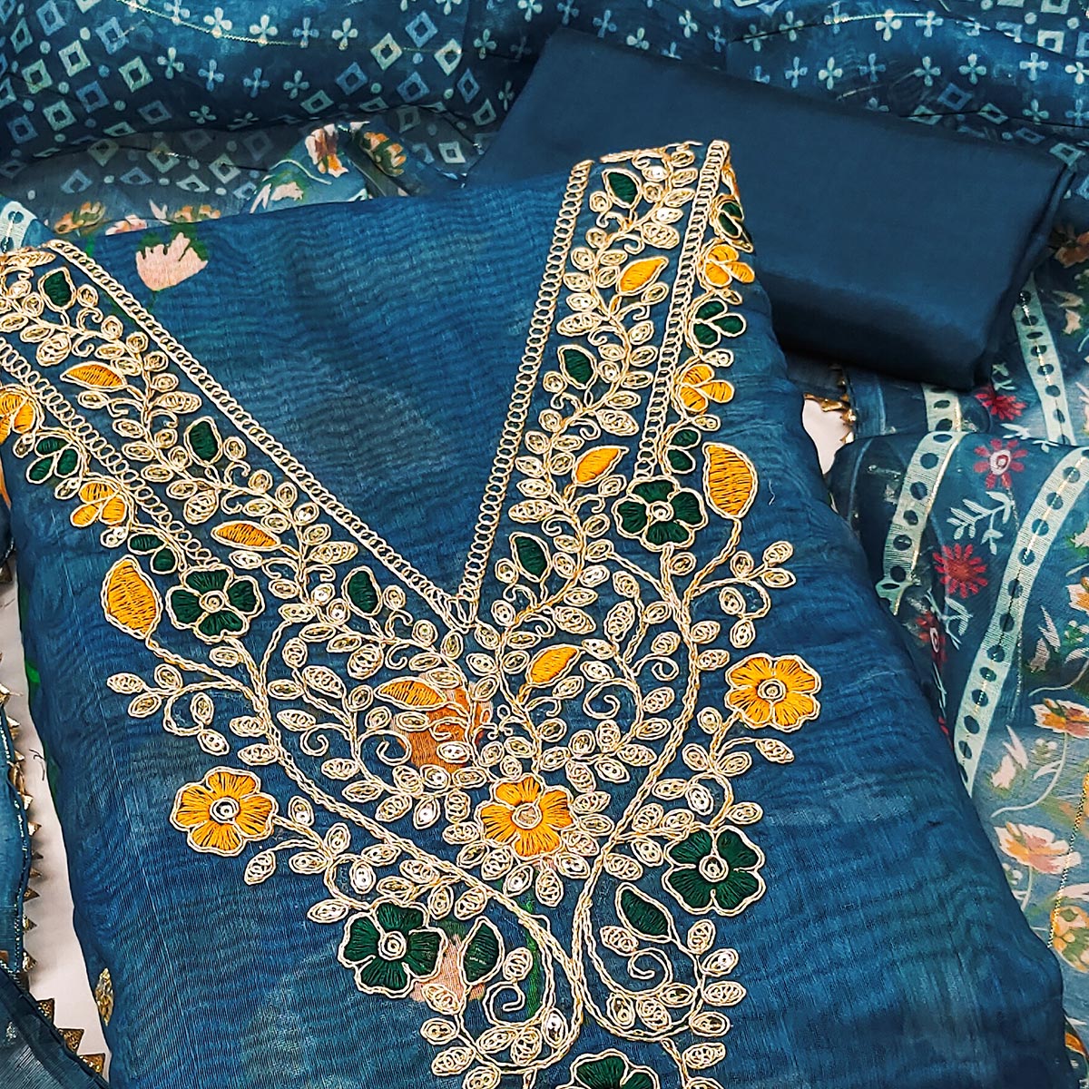 Blue Chanderi Silk Dress Material With Digital Floral Print & Cording Embroidery Work - Image 2