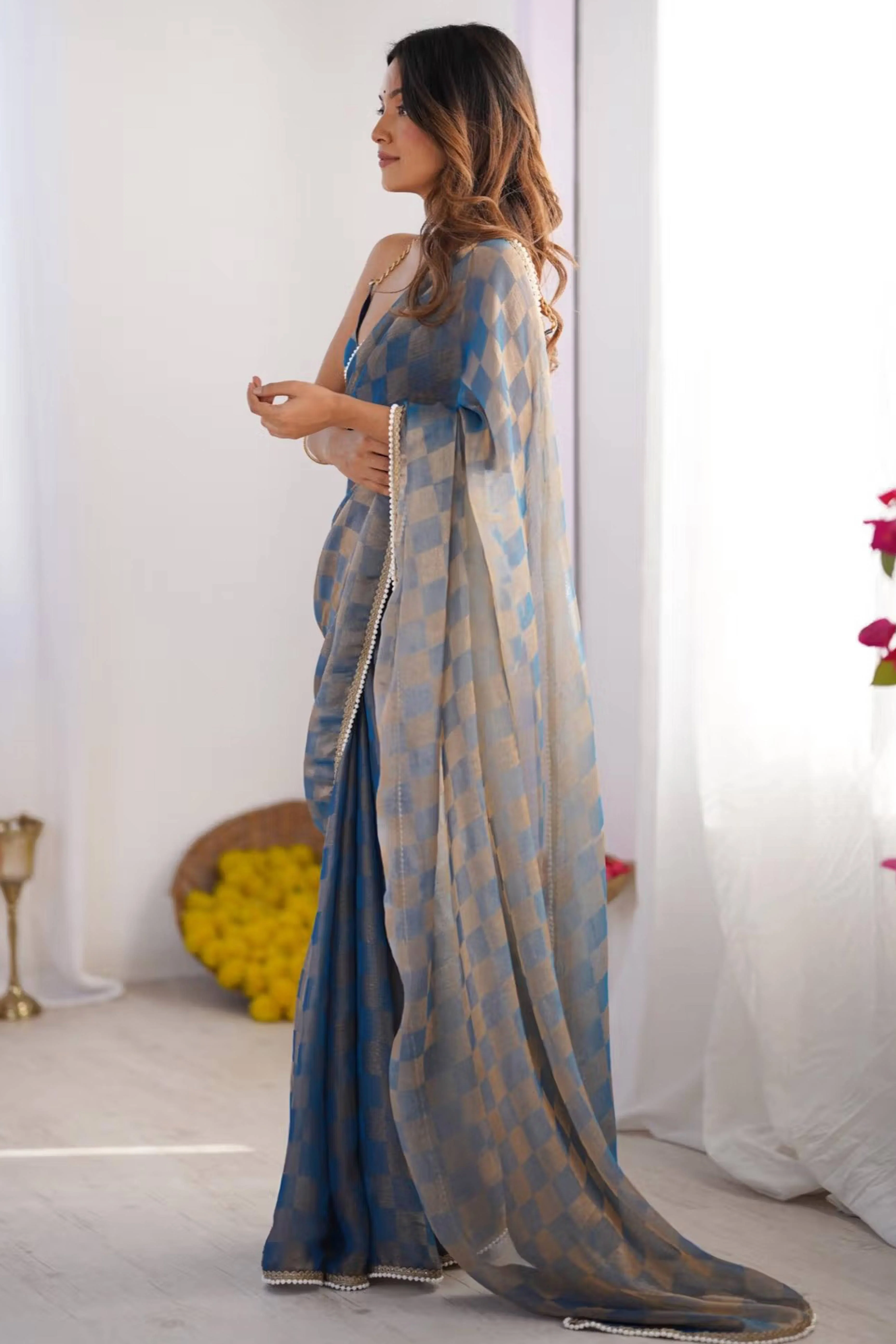 Blue Checks Weaving Chiffon Saree With Refined Moti Lace Border - Image 4