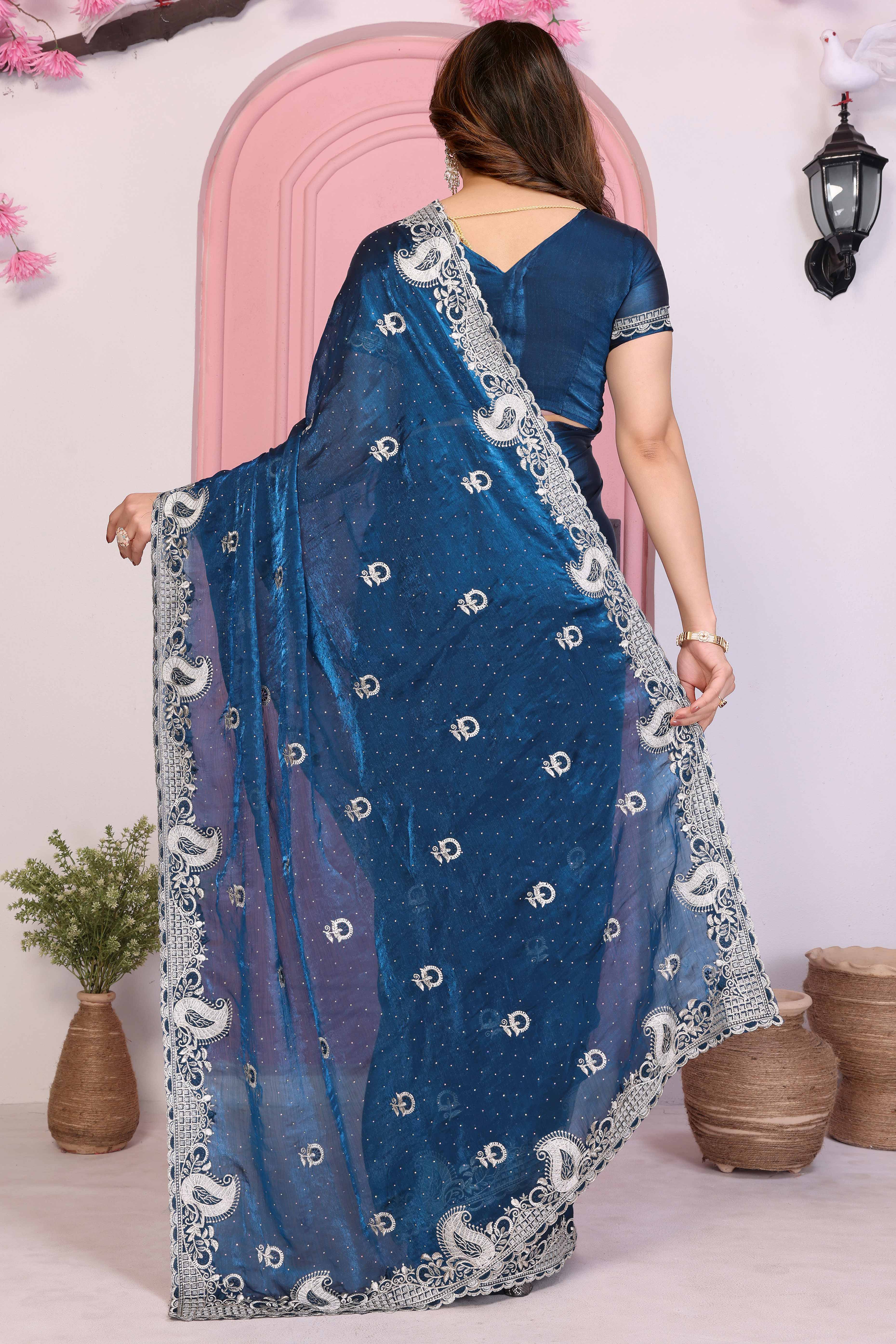 Blue Chiffon Saree Featuring Floral Thread Embroidery With Stone Embellishments - Image 5
