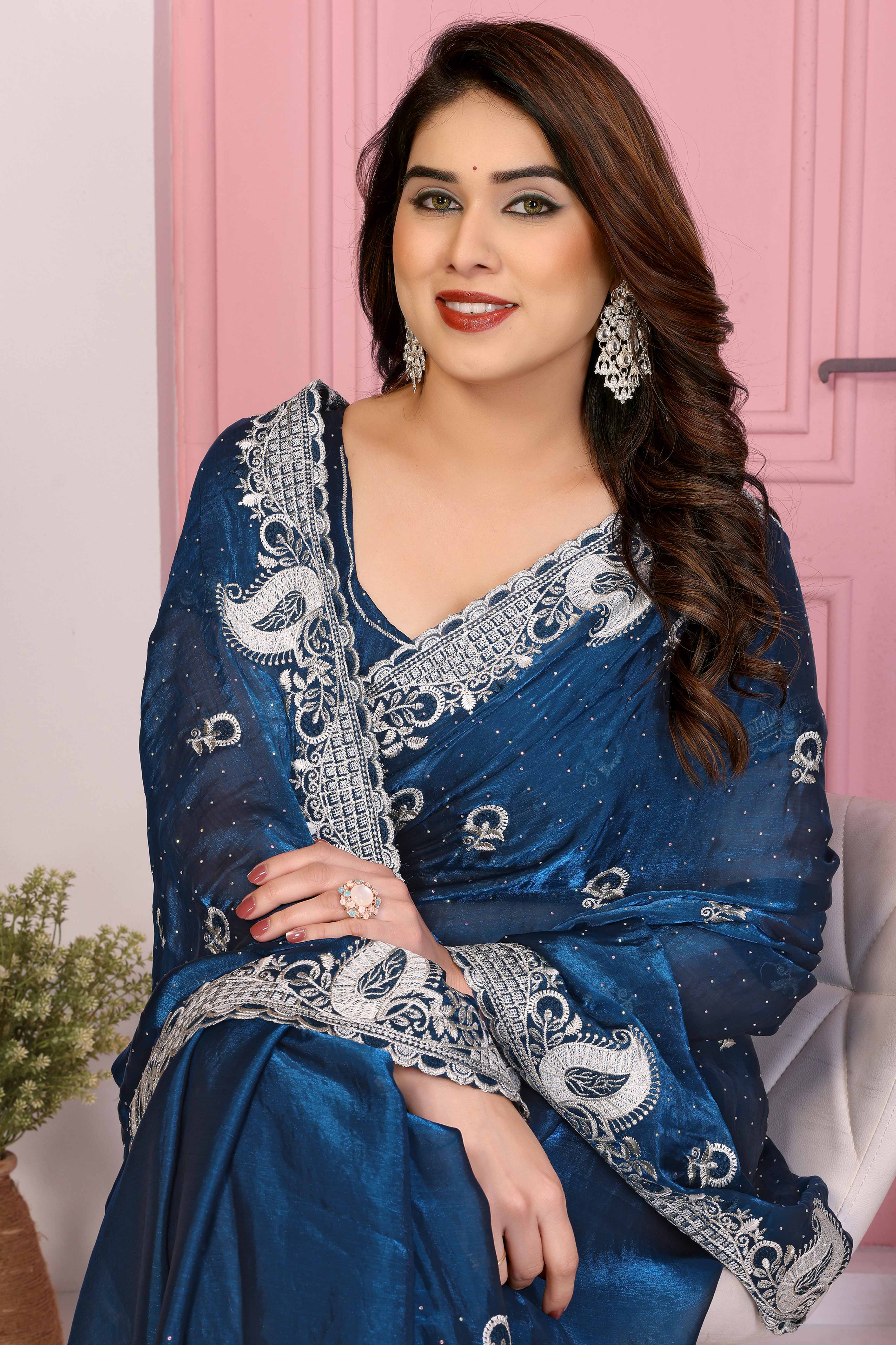 Blue Chiffon Saree Featuring Floral Thread Embroidery With Stone Embellishments - Image 6