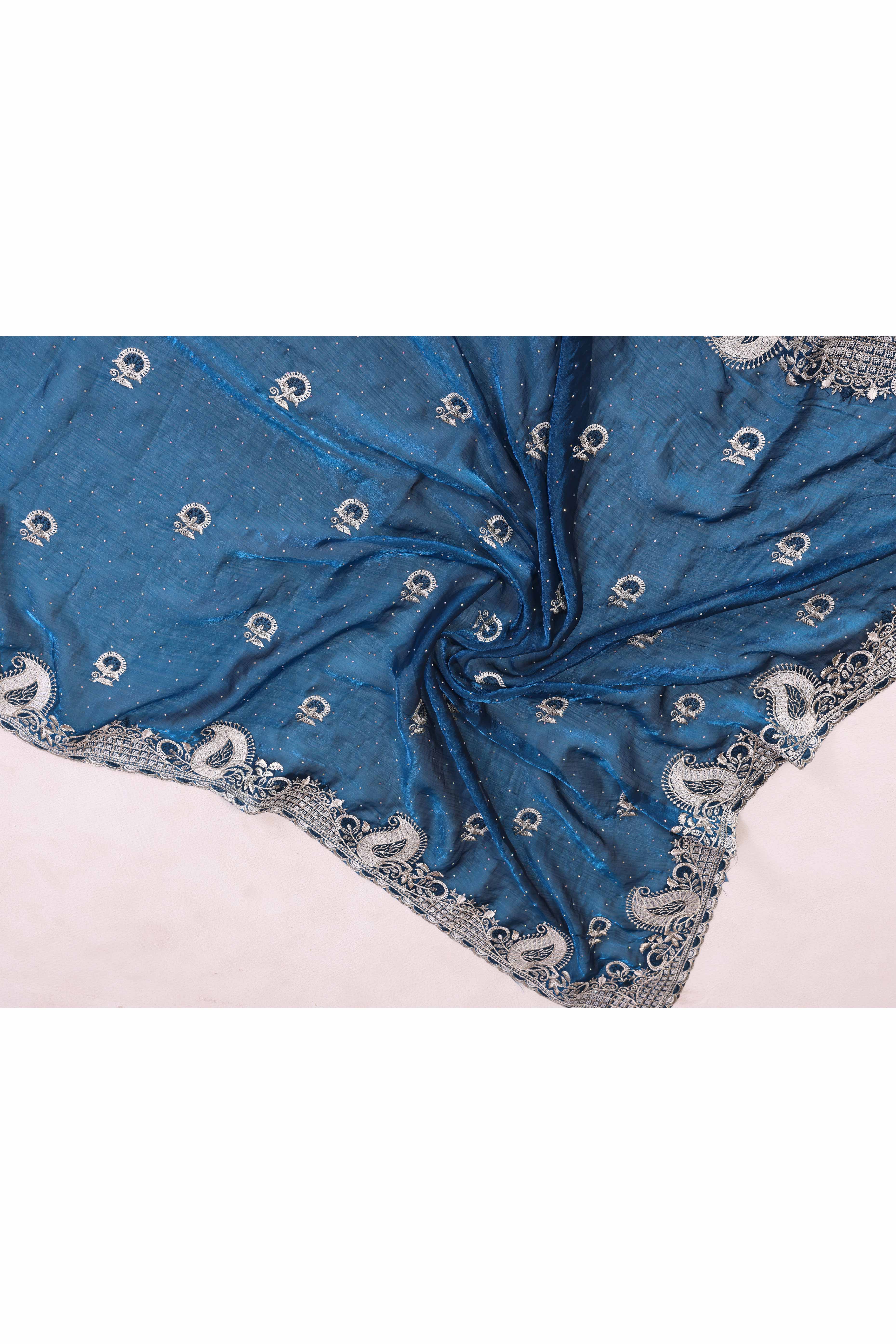Blue Chiffon Saree Featuring Floral Thread Embroidery With Stone Embellishments - Image 8