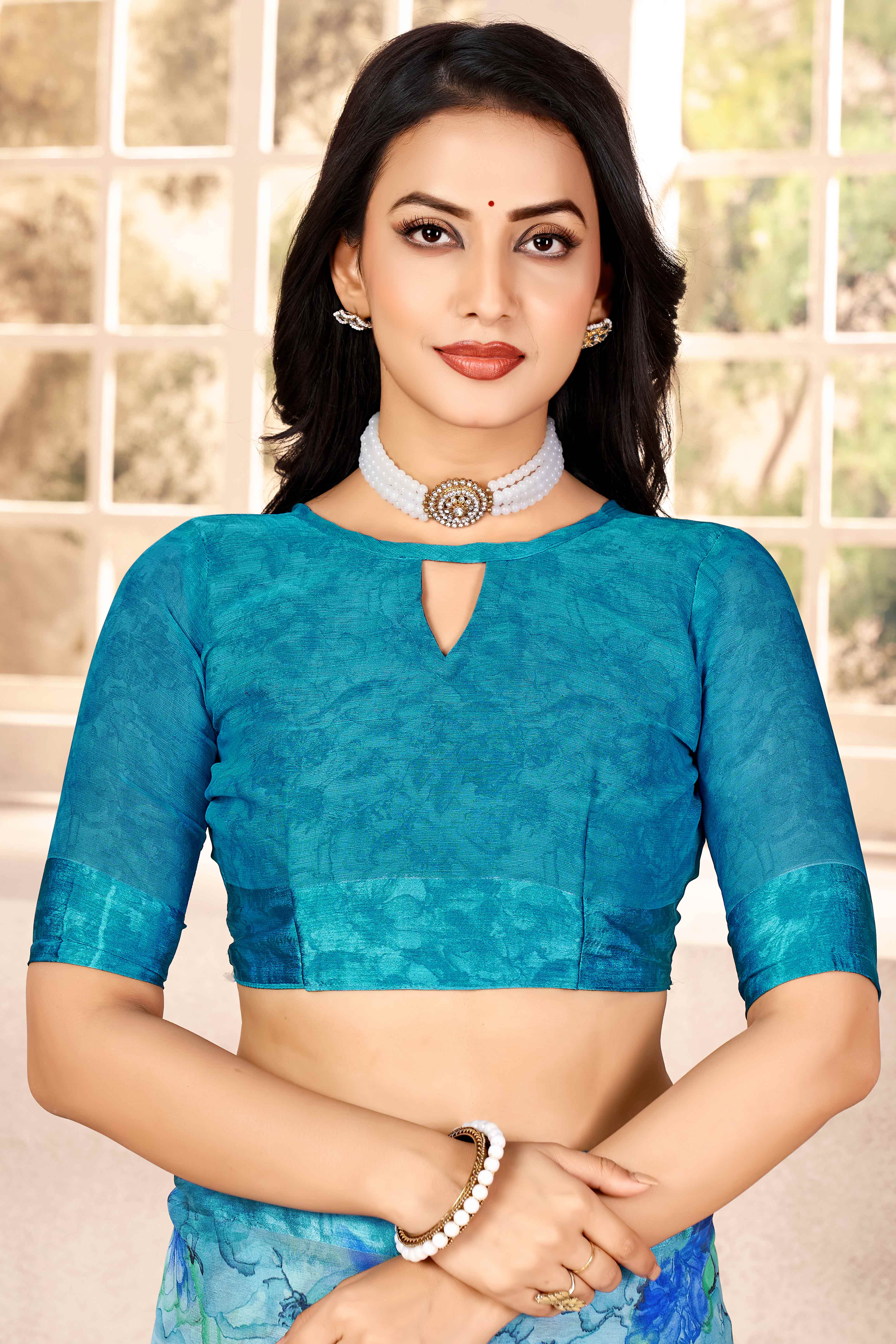 Blue Chiffon Saree With Delicate Floral Prints & Elegant Woven Border - Image 3