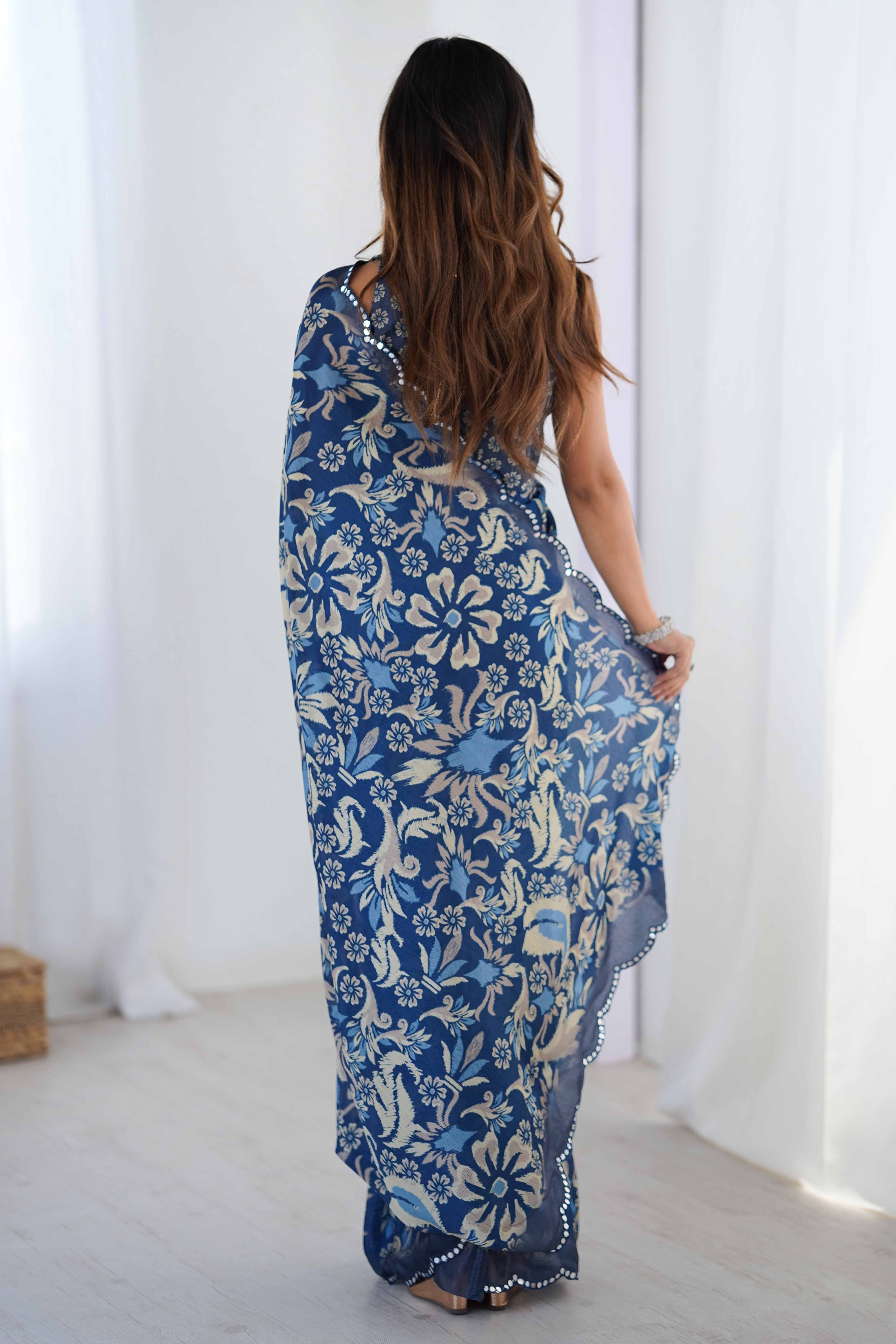 Blue Chinon Saree with Glimmering Mirror Work and Floral Prints - Image 6