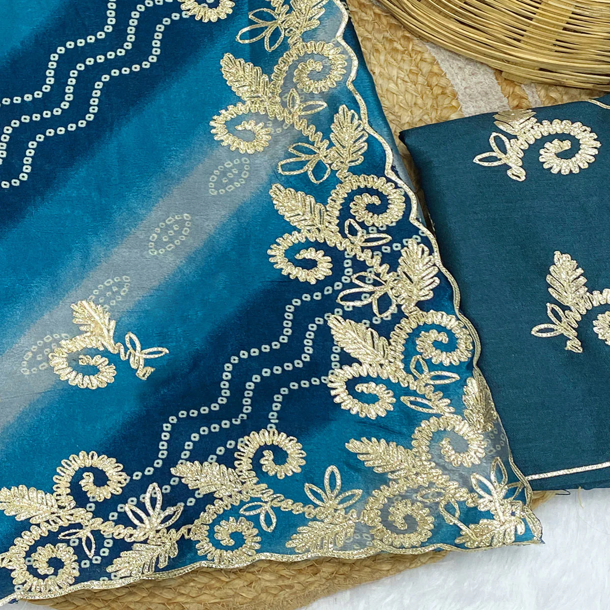 Blue Chinon Saree With Timeless Bandhani Print & Exquisite Gota Patti Embroidery - Image 2
